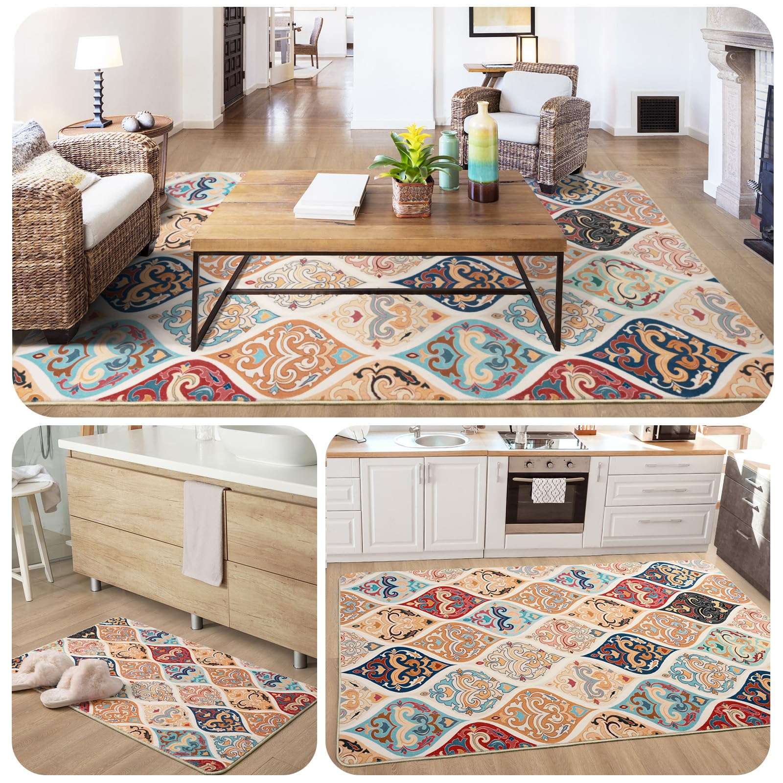 Ompaa 2'6''x8' Runner Rug for Hallway Kitchen, Long Washable Boho Rug Runner for Hallways Non Slip, Moroccan Trellis Vintage Carpet for Entryway Indoor Bedroom Bathroom Laundry, Grey/Multi 3