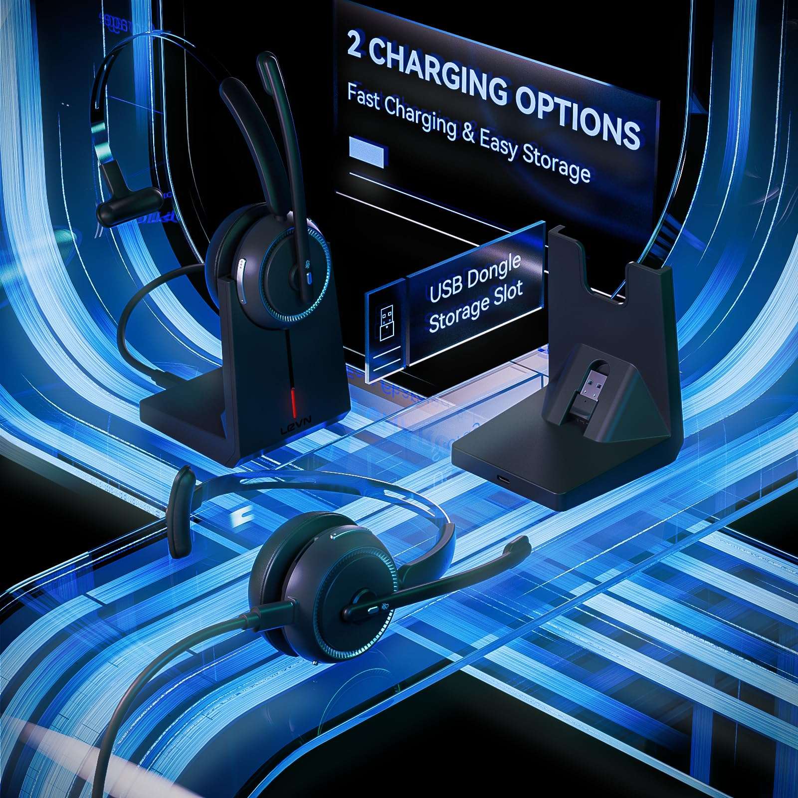 LEVN Wireless Headset 5.2, Wireless Headset with Mic for Work with(Noise Cancelling),Bluetooth Headphones for Work from Home/Office/PC/Computer/Center(Black) 5