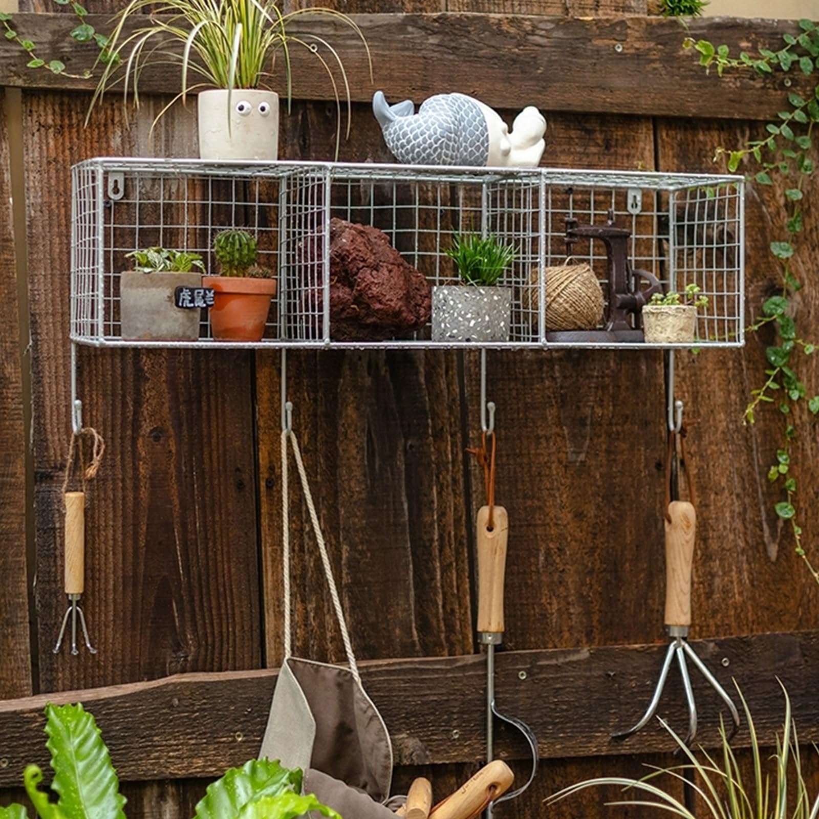 Wall Grid Hanging Basket with 4 Hooks, Wire Basket Gardening Tools Organizer, Industrial Display Shelf for Kitchen, Bathroom, Garden, Living Room 5