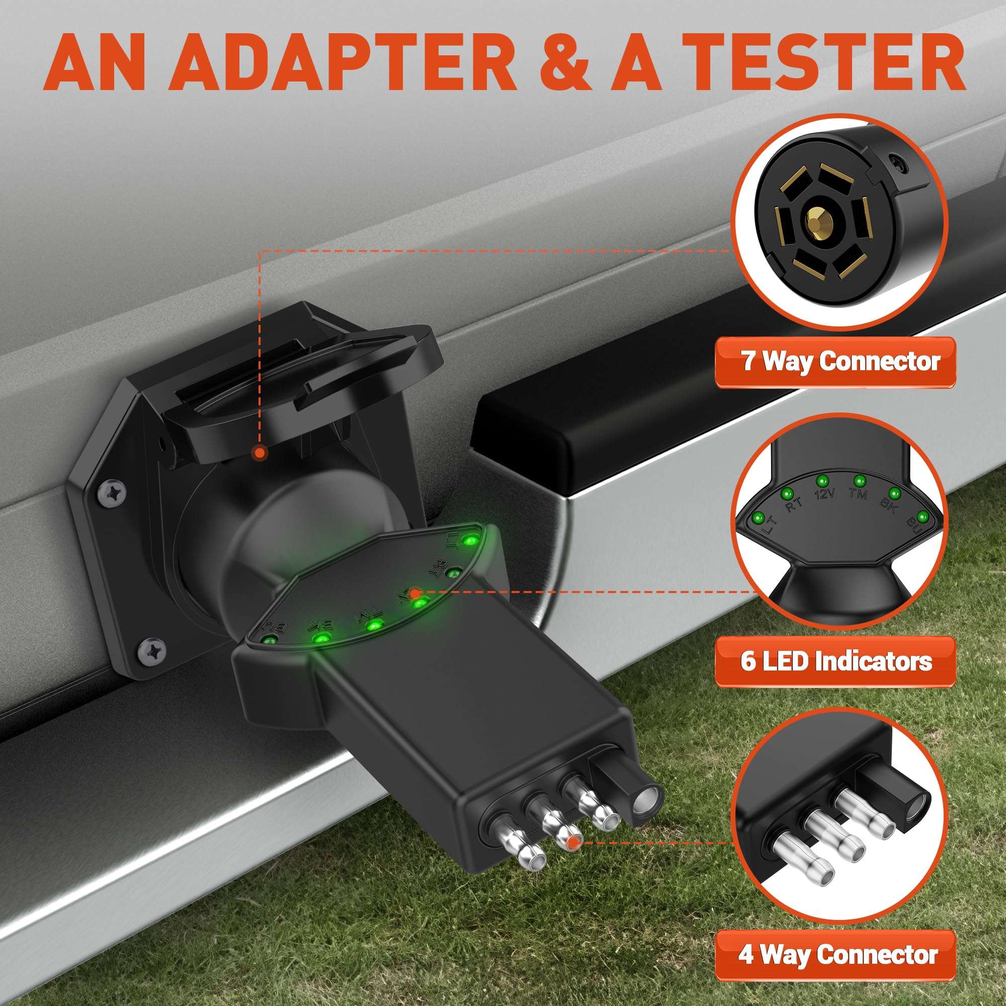 SnowyFox 7 Way Blade & 4 Pin Trailer Light Circuit Tester with LED Indicators 6 Function Light Tester for RV Boat Truck Trailer Socket Tester, 7 to 4 Pin Trailer Tester Adapter 2-in-1 Design 5