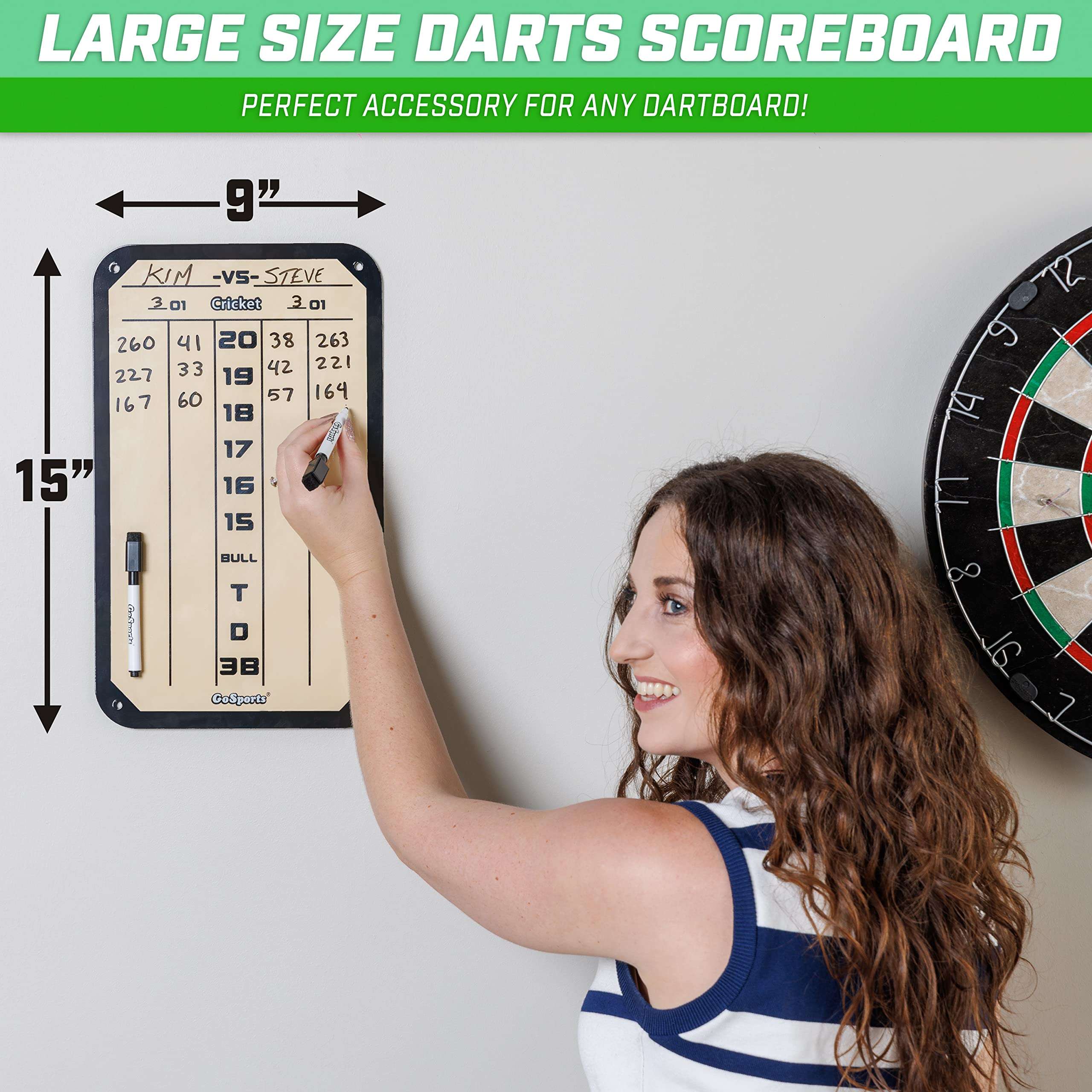 GoSports Dry Erase Steel Darts Scoreboard - Cricket and 01 Dart Games with 2 Magnetic Markers 2