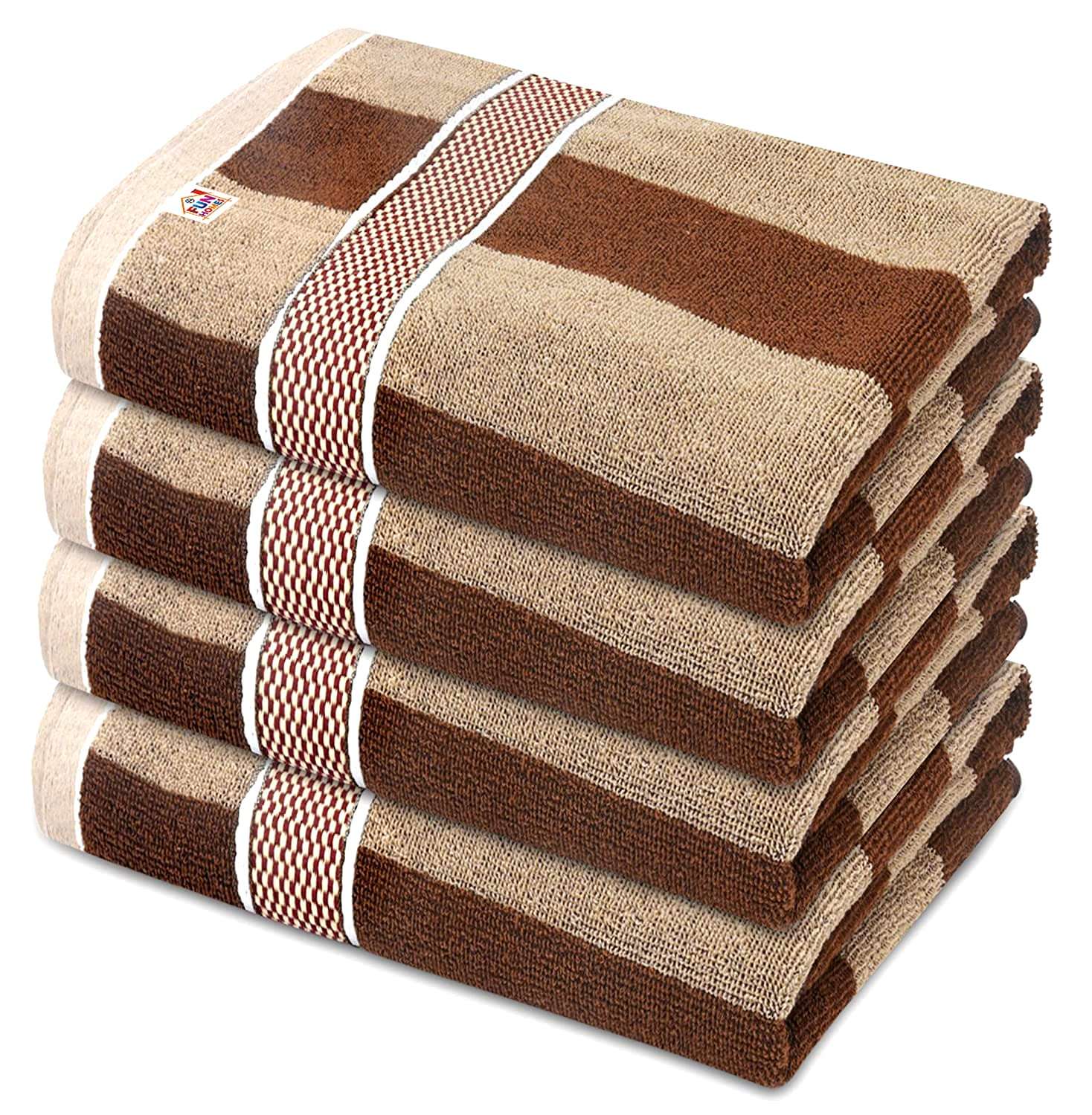 Fun Homes Lining Cotton Bath Towel with Check Border, 30"x60"- Pack of 4 (Dark & Light Brown)-HS_38_FUNH21408 1
