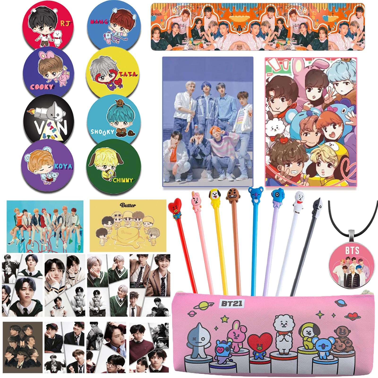 Colorful Learning Gift Set Including Pens and bag, Ruler, Necklace, Mini Notebooks, Button Pins and Card Stickers for Army. 1