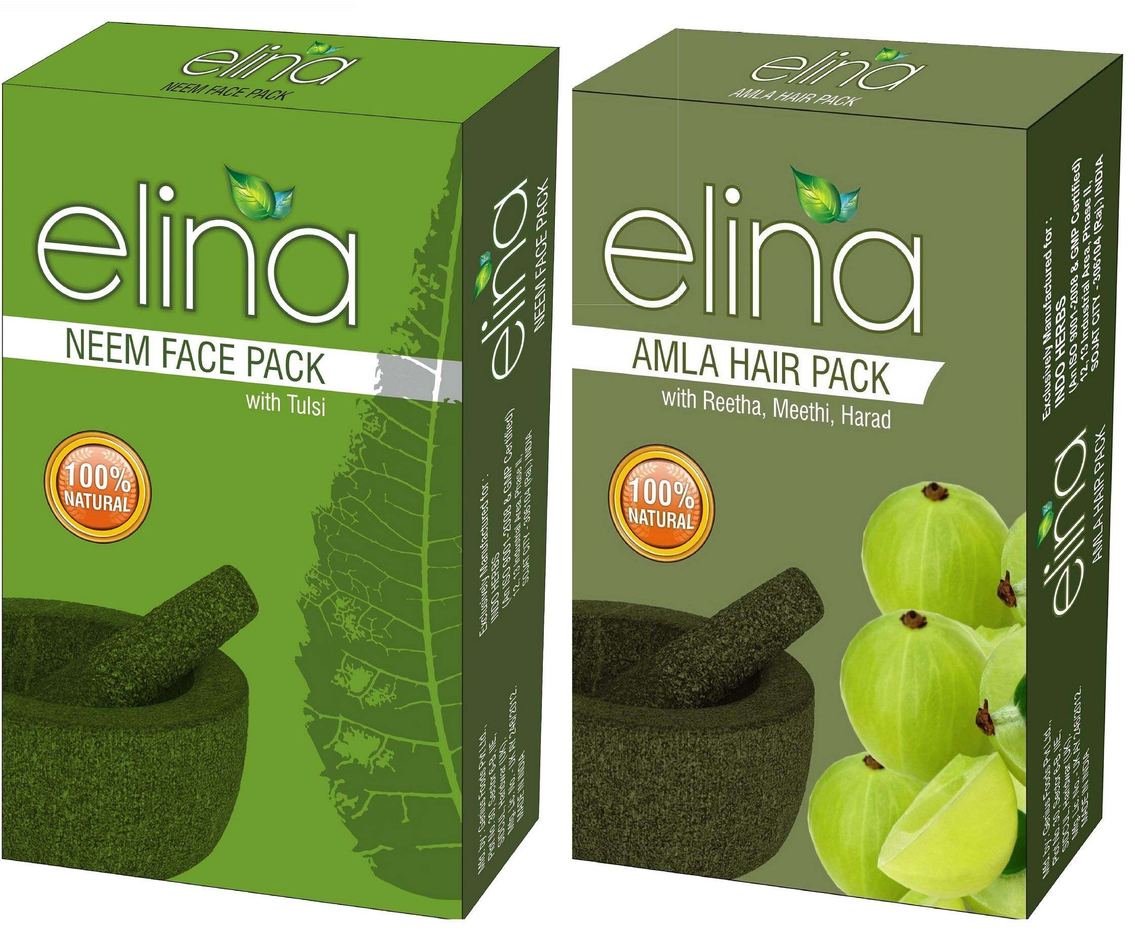 ELINA HERBAL NEEM powder (With Tulsi) & Amla Hair pack 100% Natural Organic FACE & HAIR CARE COMBO PACK (100+100) g