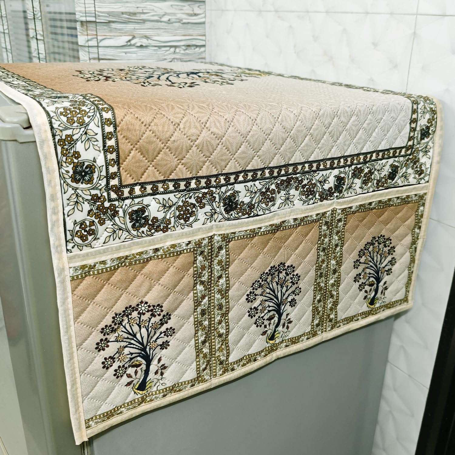 HOKIPO 'Eternal Floral' Printed Quilted Fridge Cover Top with side Pockets, Size 55 x 130 cm, Ornate Tree (IN-841-D5) 1