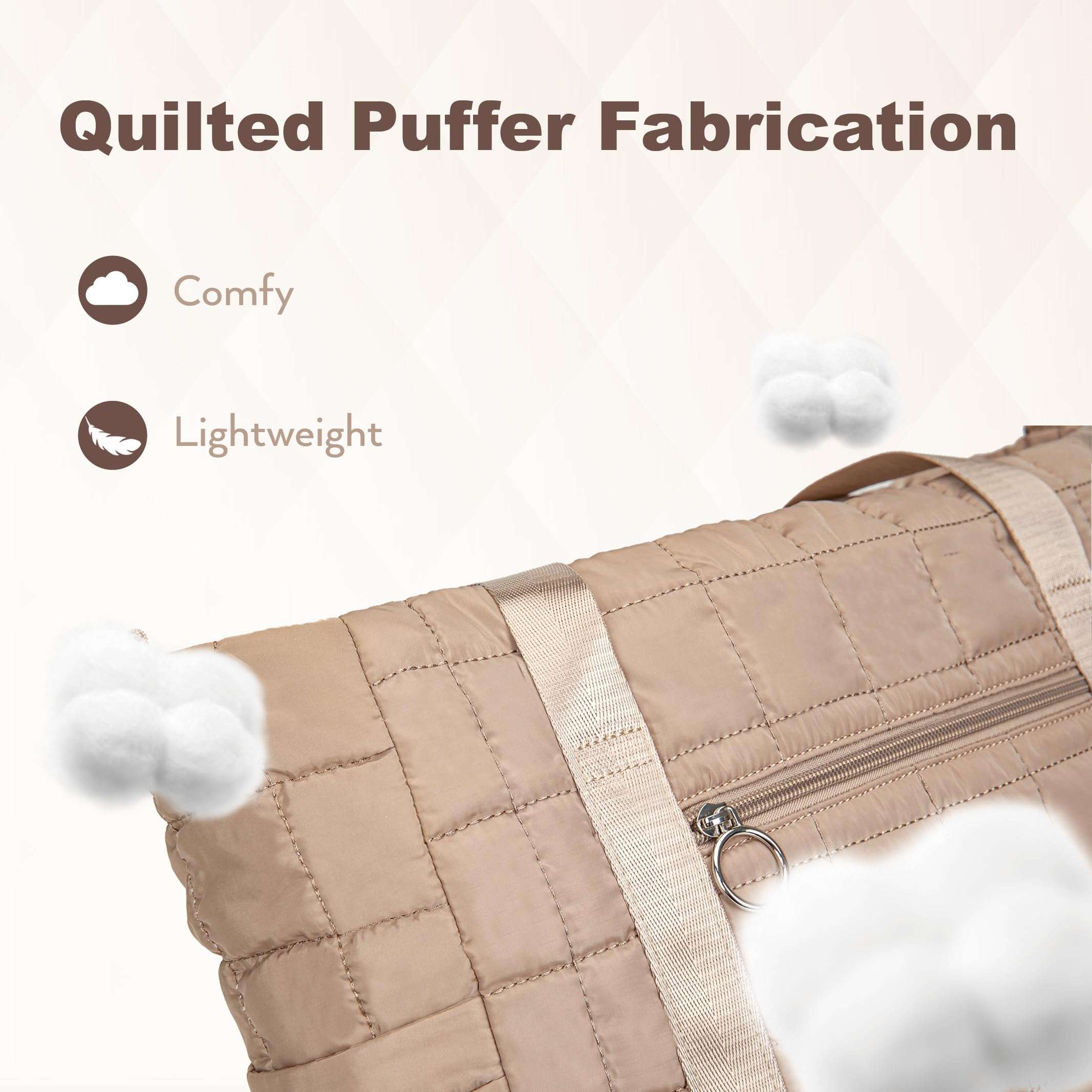 KAVIGOR Tote Bag for Women with Zipper, Quilted Gym Tote with Compartments, Puffer Shoulder Bag with Yoga Mat Straps for Travel, Sport, Work, Cream 6