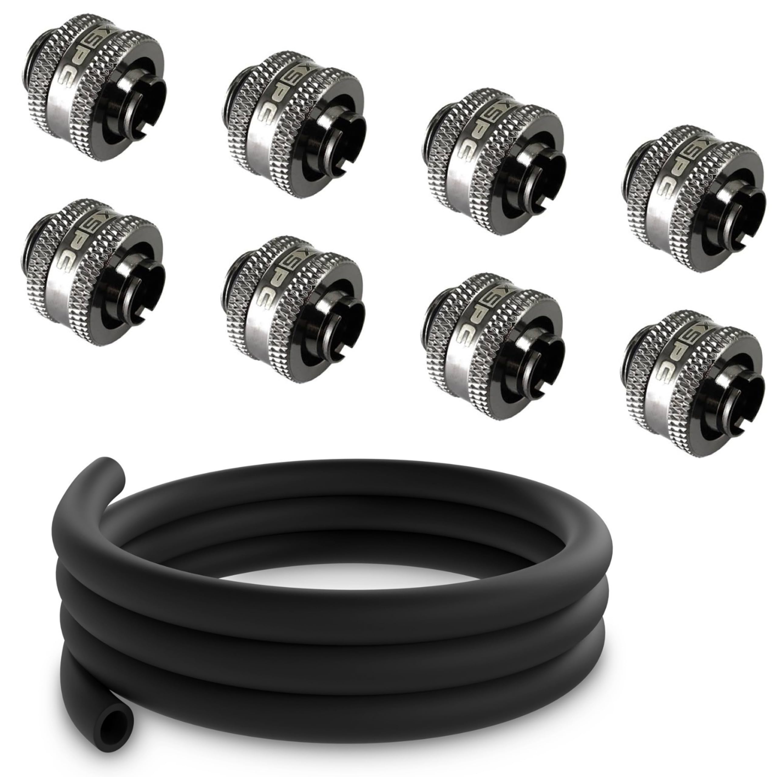 XSPC Matte Black EPDM Tubing (2 Meters) and G1/4" 3/8" ID, 1/2" OD Compression Fitting V2 Bundle, Black Chrome, 8-Pack