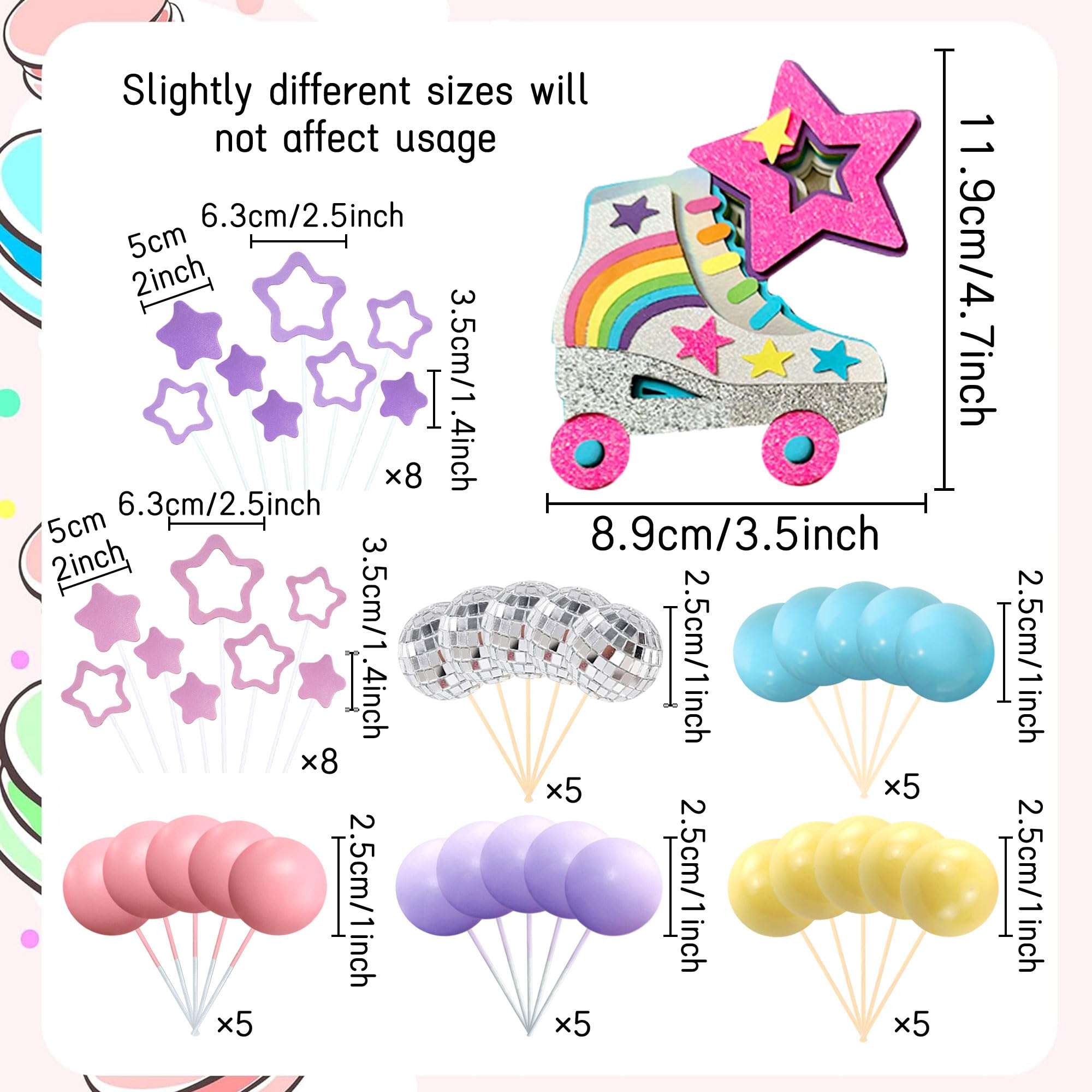 JeVenis Luxury Roller Skate Cake Topper Roller Skate Cake Decorations 80s Cake Topper Disco Ball Cake Decorations 90 Cake Topper Girl Cake Topper Roller Skating Party Supplies 5