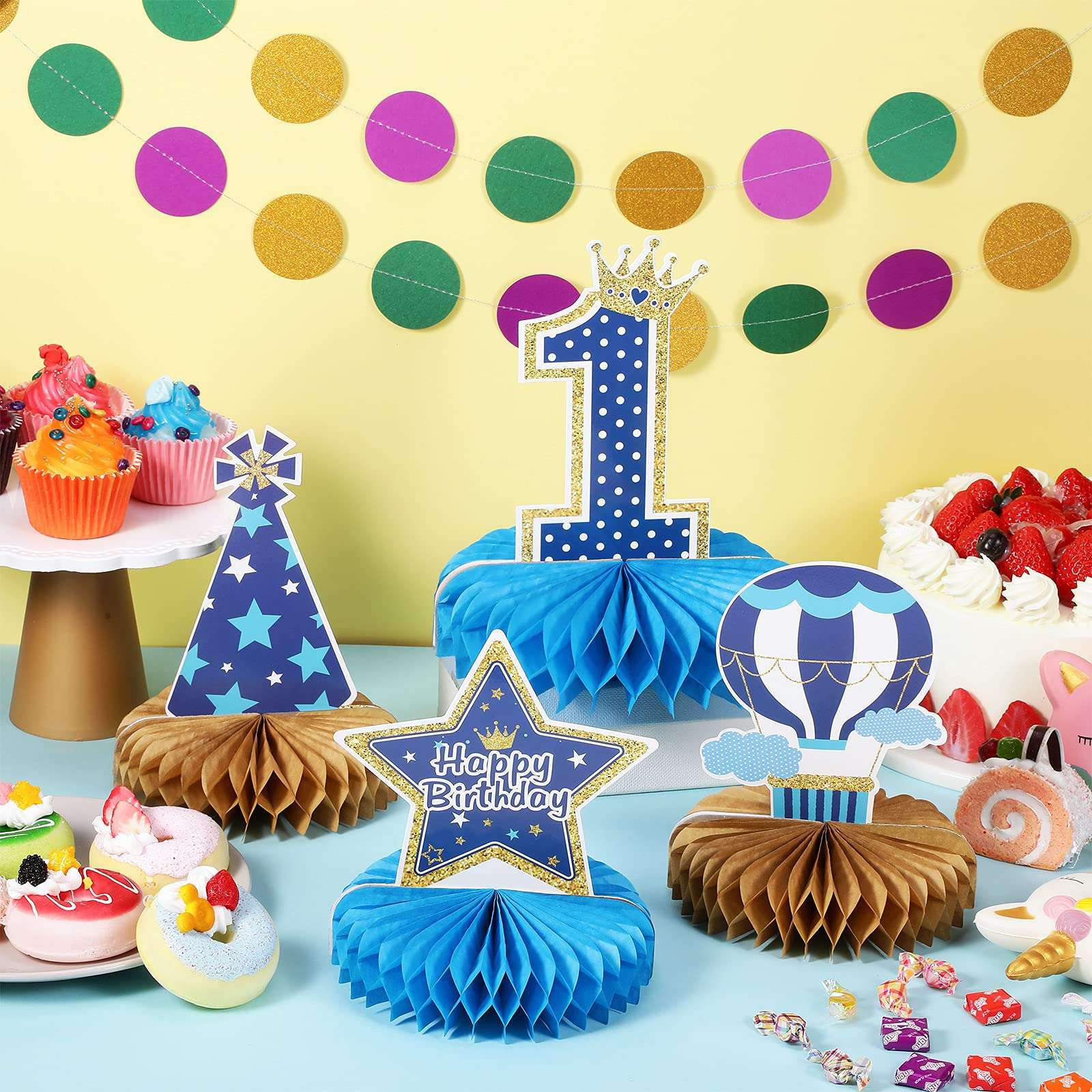 1st Birthday Boy Decorations Wild One Honeycomb Centerpieces First Birthday Table Toppers for Baby Boy First Birthday Party Favor Supplies Photo Booth Props, Blue and Gold, 8 Pieces 5