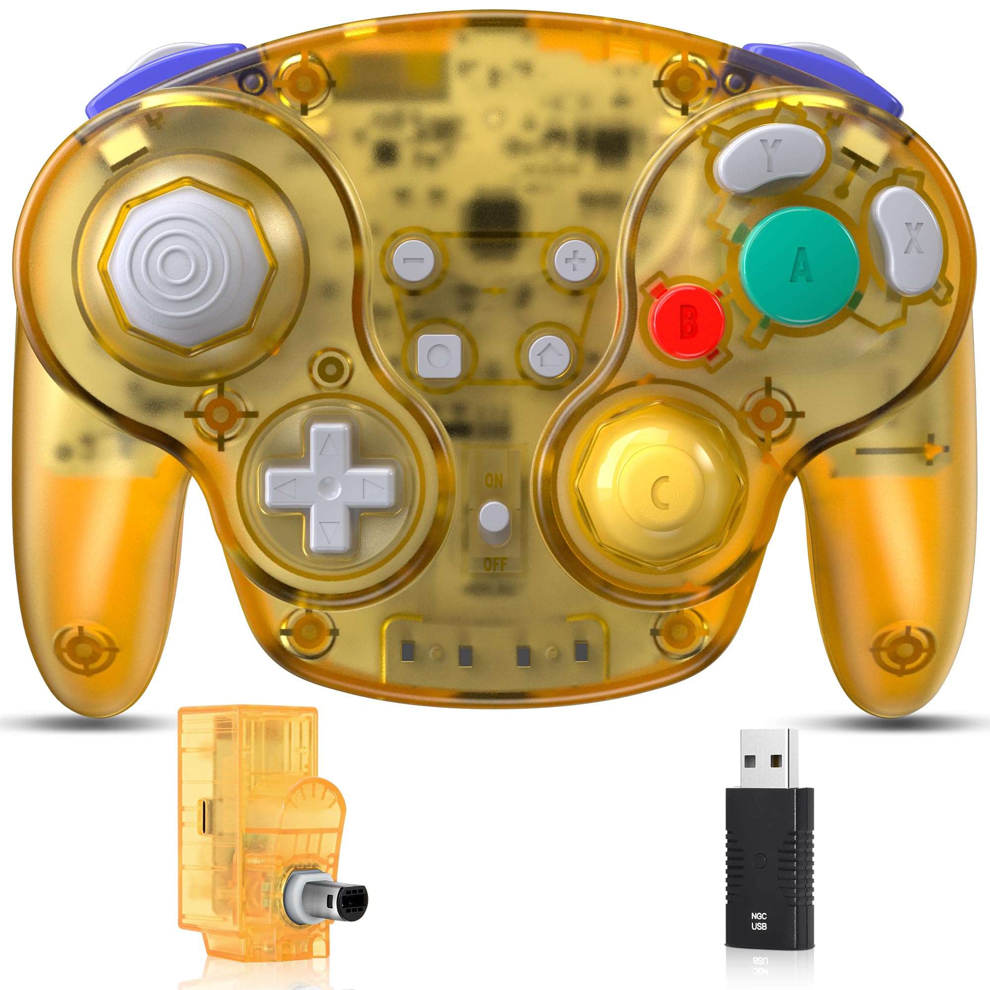 2.4 GHz Wireless GameCube Switch Pro Controller, for NGC GameCube Console, Switch/Switch OLED, PC, Steam Deck (Built-in Rumble) (Rechargeable) (Plug and Play) Clear Yellow 1
