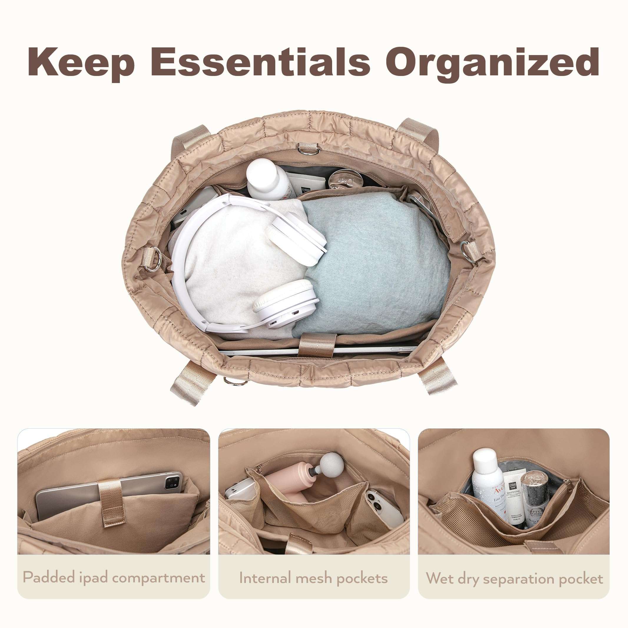 KAVIGOR Tote Bag for Women with Zipper, Quilted Gym Tote with Compartments, Puffer Shoulder Bag with Yoga Mat Straps for Travel, Sport, Work, Cream 5