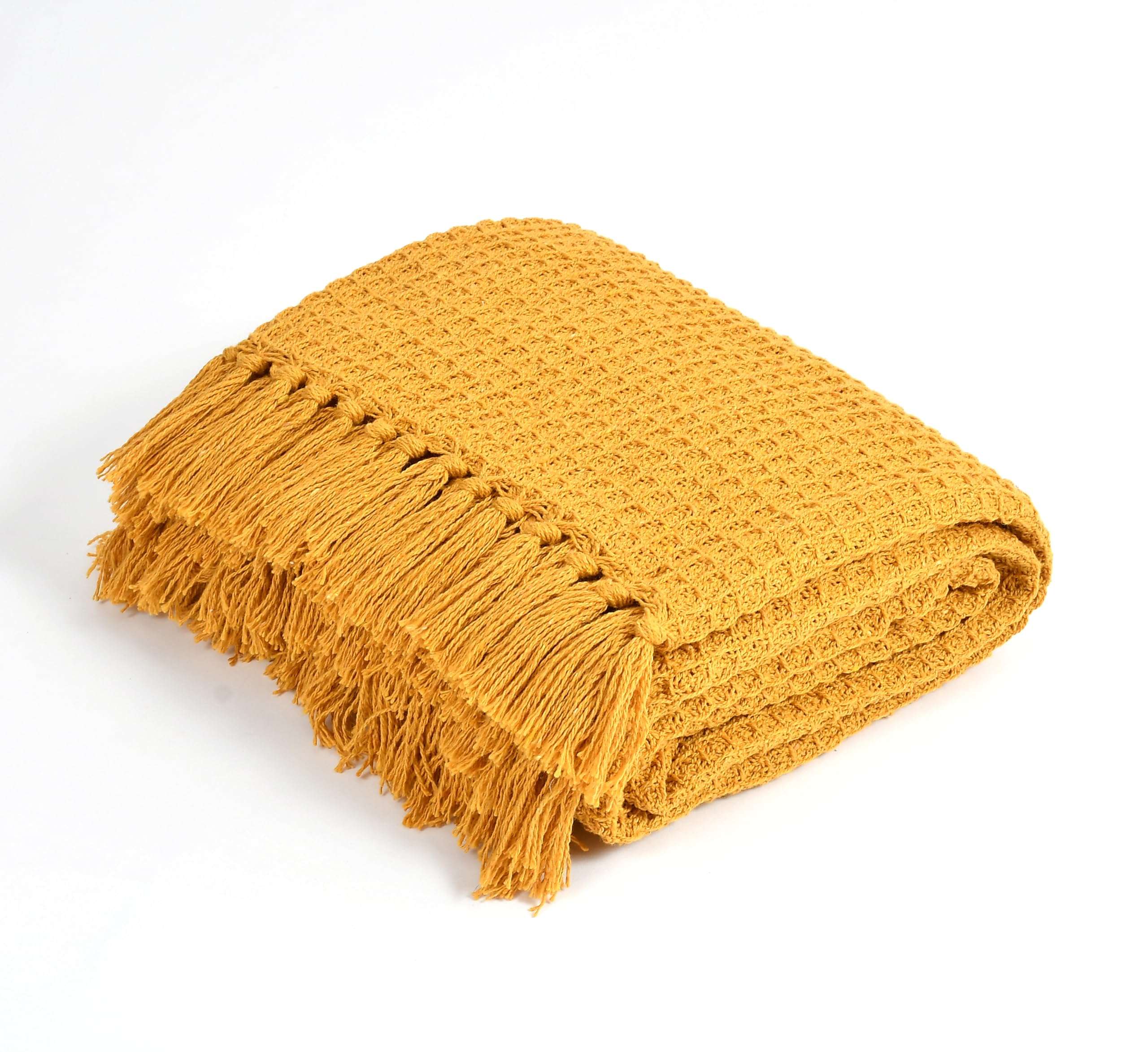 TIB Cotton Throw Blanket,125x150 cm, Throws for Sofa and Couch 3 Seater 120 TC with Fringes, (Mustard)| TC - 120 3