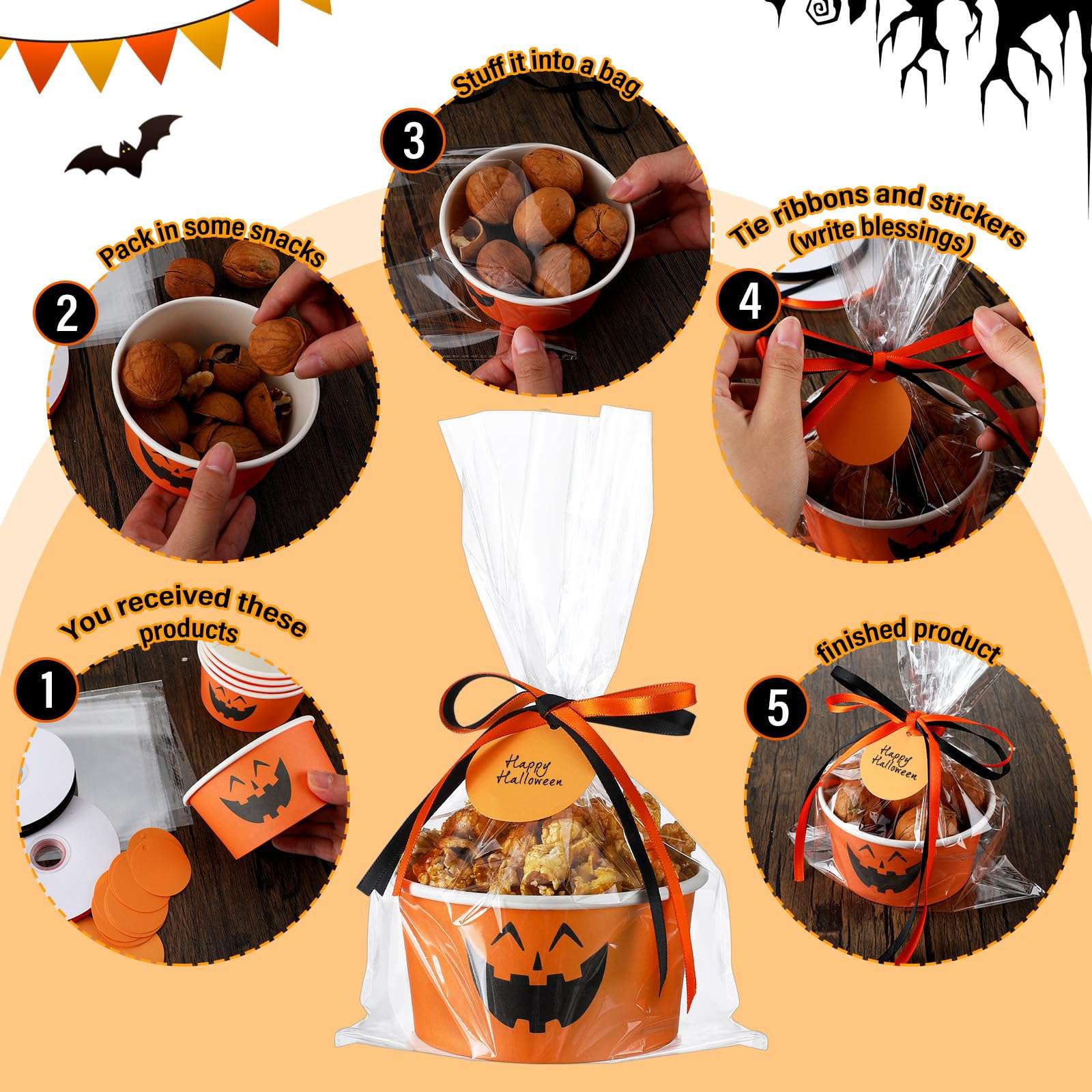Dandat 150 Set Halloween Treat Snack Bowls 15 Oz Jack O Lantern Halloween Disposable Paper Bowls Pumpkin Snack Cups Ice Cream Cups Orange Black Pumpkin Face Bowl for Treat Cupcake Party Favor Supplies 6