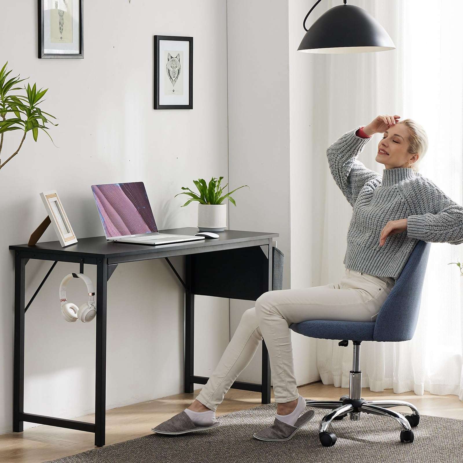 OLIXIS 55 Inch Computer Desk Writing Study Work Table with Storage Bag, Headphone Hooks for Home Office 6