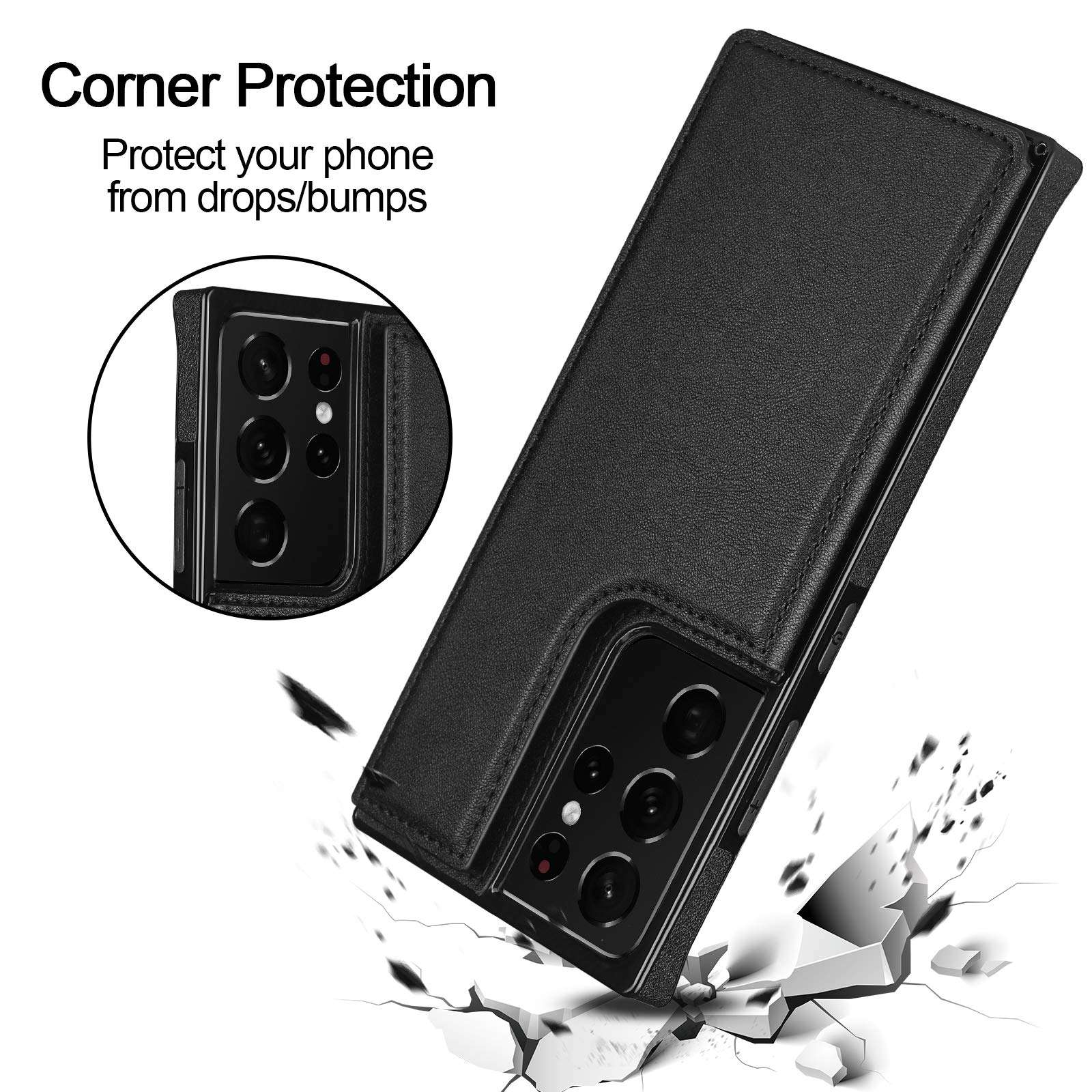 HianDier Compatible with Samsung Galaxy S21 Ultra Wallet Case 5G 6.8 Inch Slim Protective Case Credit Card Slot Holder Flip Folio Soft PU Leather Magnetic Closure Kickstand Square Cover, Black 6