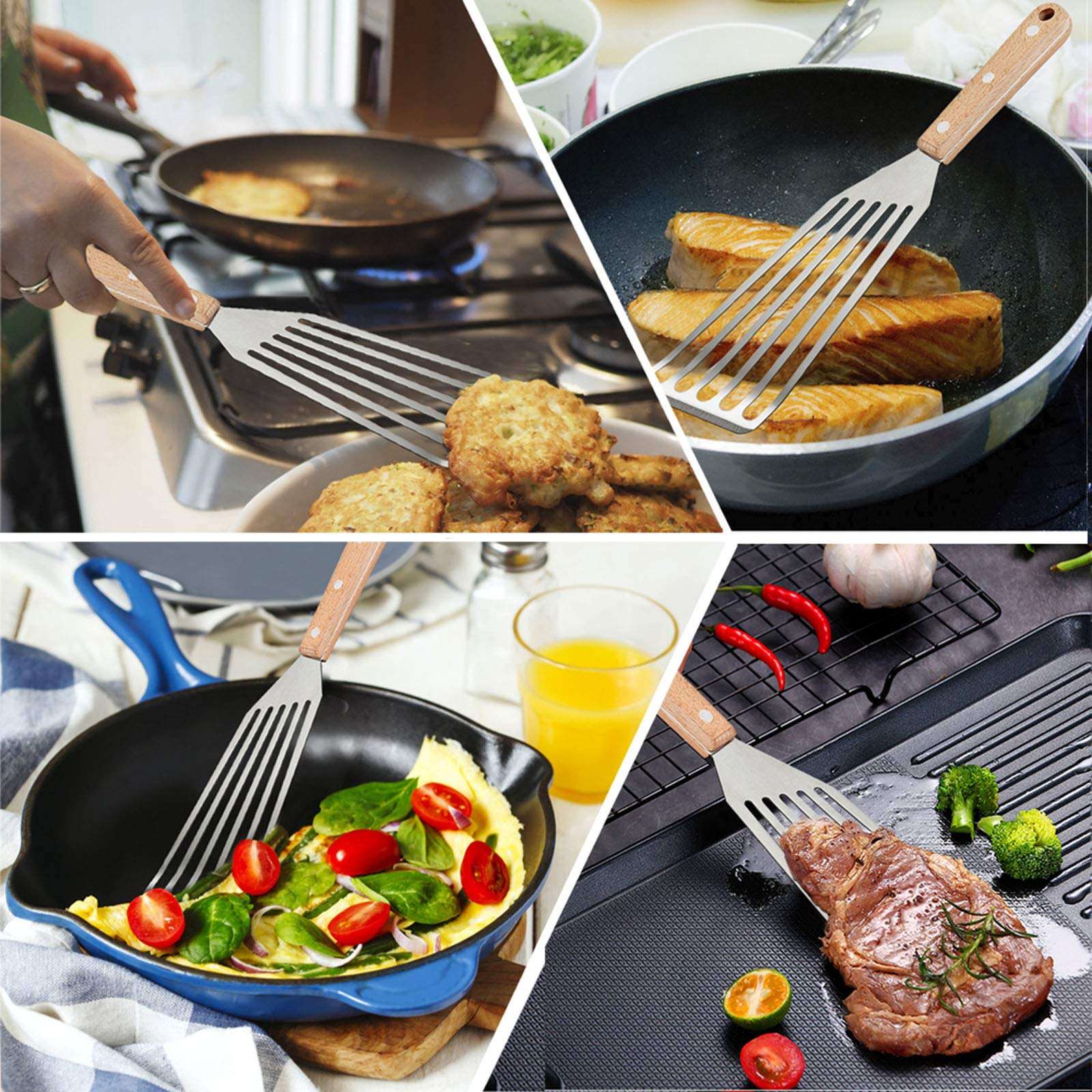 Fish Spatula Set of 2, HaSteeL Stainless Steel Slotted Spatula Turner with Riveted Wooden Handle, Professional Metal Spatulas Great for Kitchen Cooking Flipping Frying & Grilling, 2 x Hooks 6