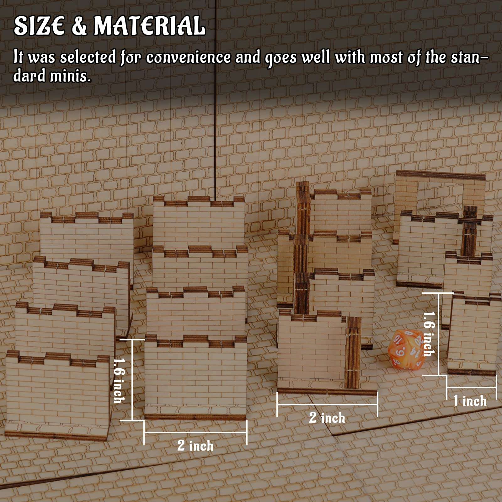 Dungeon Brick Walls (Set of 16) Wood Laser Cut 2" x 1" 3D Modular Terrain Tiles 28mm Scale Perfect for D&D, Dungeons & Dragons, Wargames and Other Tabletop RPG 5