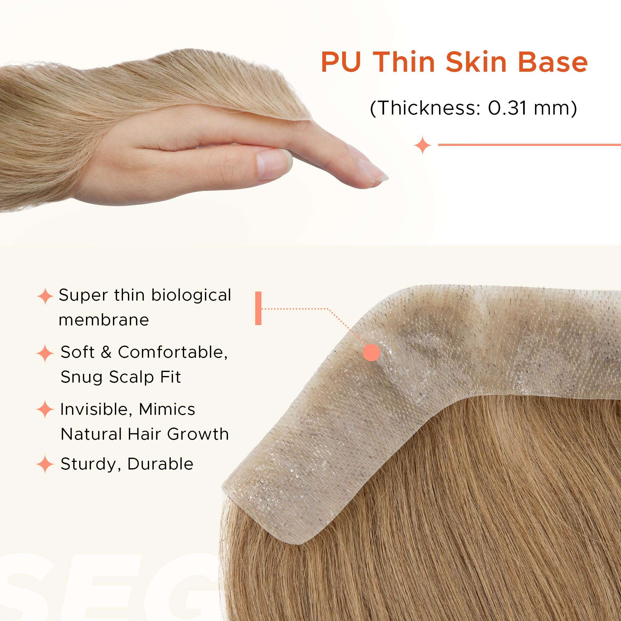 SEGO Men's Hairline Toupee 100% Human Hair Forehead Hairpiece V-Shape 1.57"x7" PU Thin Skin Base Natural Hairline Replacement（Hair:6" Long-#27 Dark Blonde 6