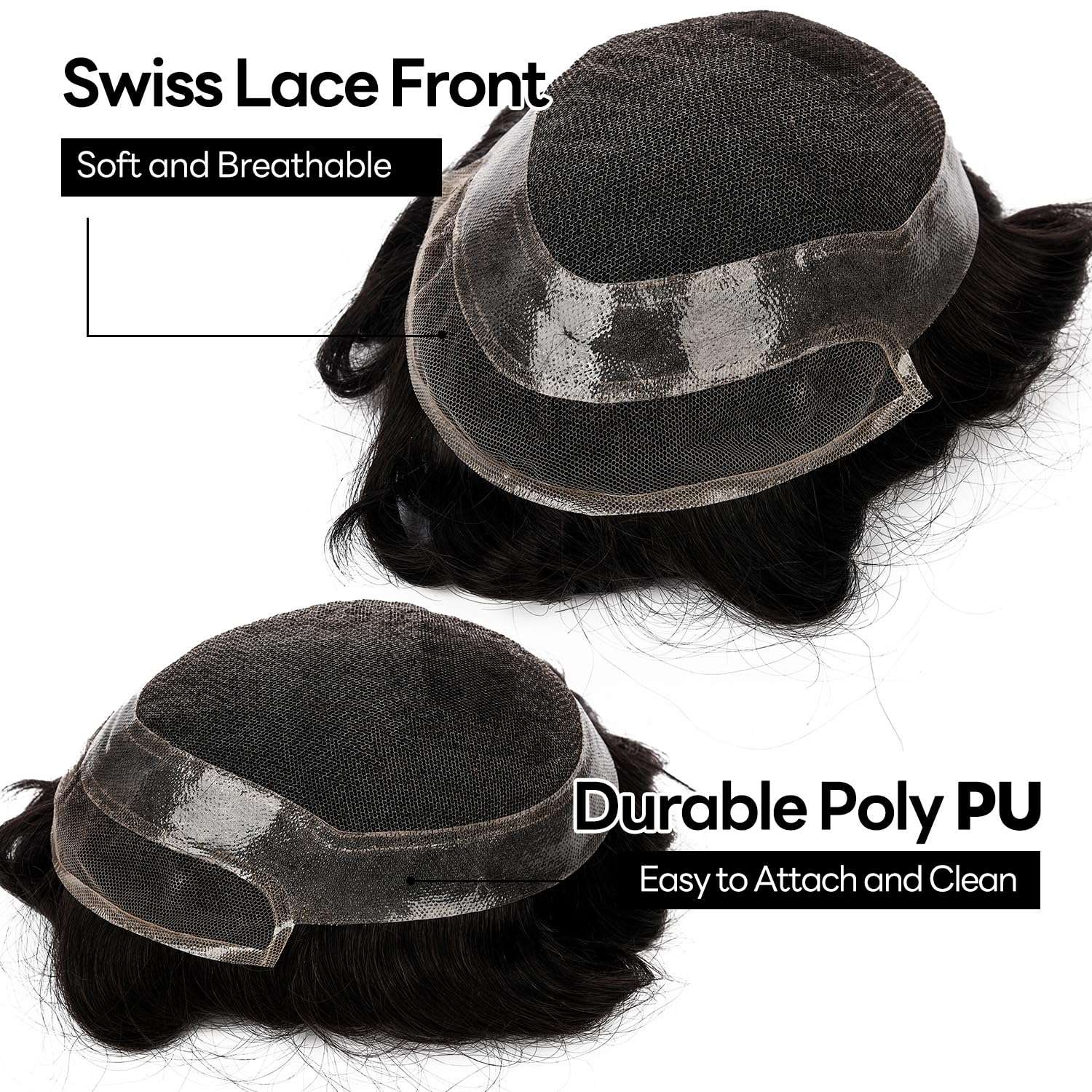 Toupee For Men Hair Replacement System Swiss lace Men Toupee European Human Hair HD Lace Hair System Poly Skin PU Around Men Hair Piece. (1B# Off Black, 6x8"-100% Light Med-Light Density) 6