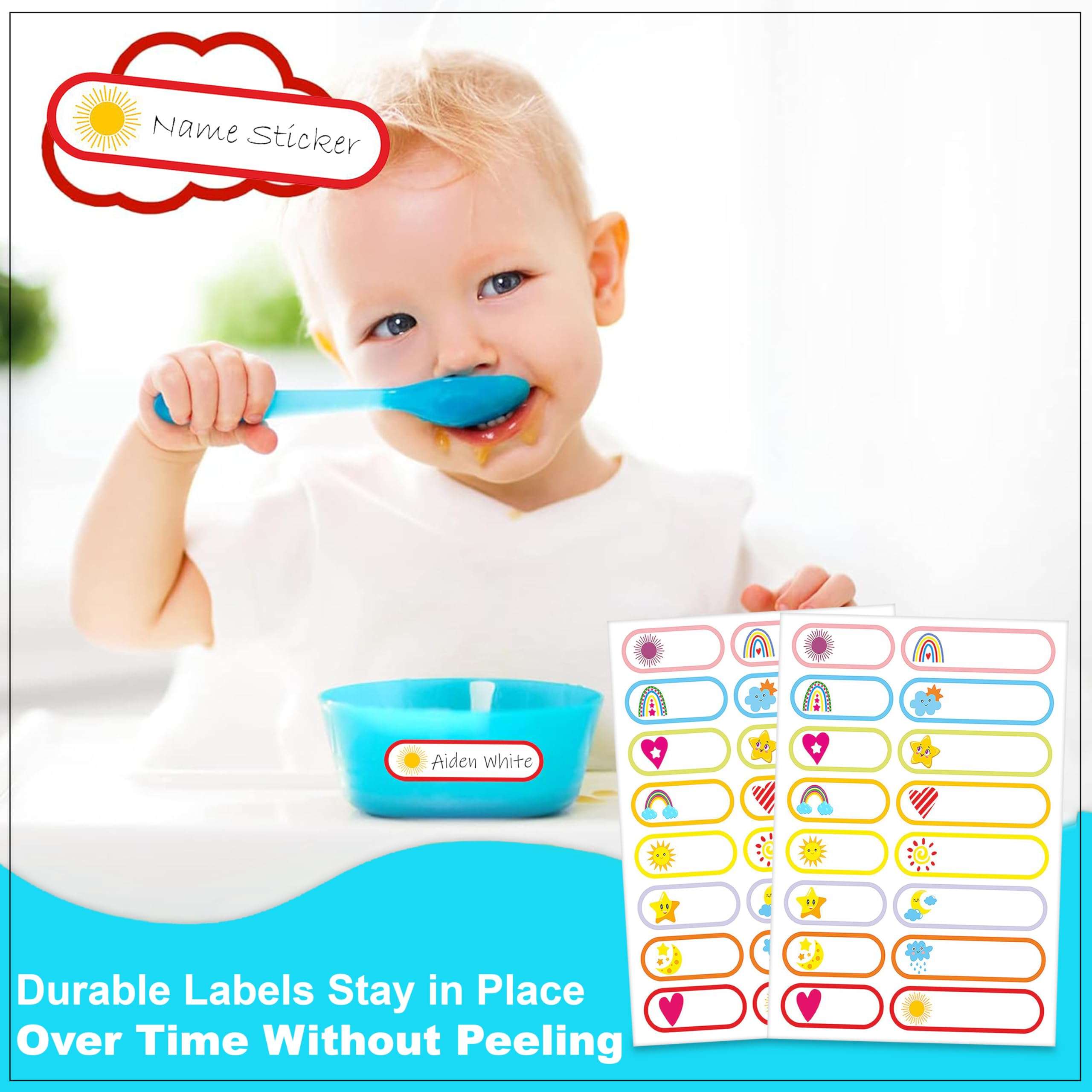 GLUN Waterproof Name Stickers, 160 Durable Labels (10 Sheets) for Baby, Kids Bottles, Lunch, Kitchen & Pantry Reusable Self-Adhesive Stickers Pack of 1, 160 Labels 3