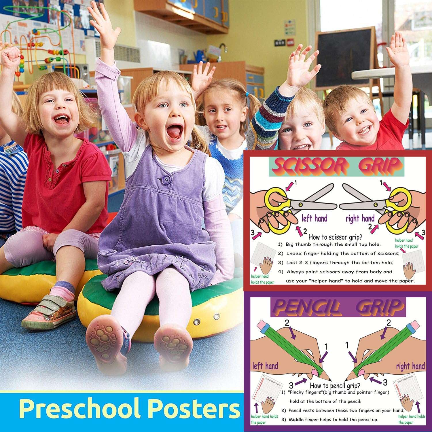 SANTSUN Pencil and Scissor Grip Educational Preschool Poster, How to Pencil Grip? and How to Scissor Grip? Poster with Illustrations, for Toddler and Kid, School Wall Decor, 30x40cm, English Version 6