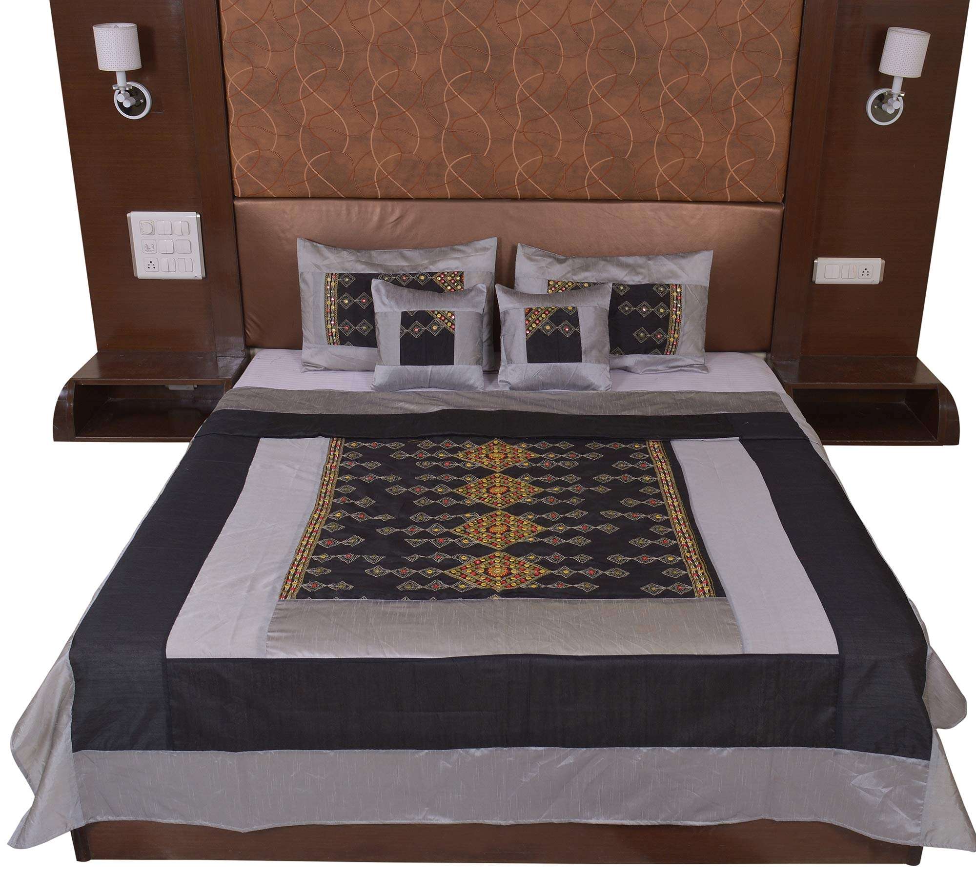 JABAMA® Multi Polysilk Rajwada Mirror Work Bed Cover with 2 Pillow Cover & 2 Cusion Cover Set 3