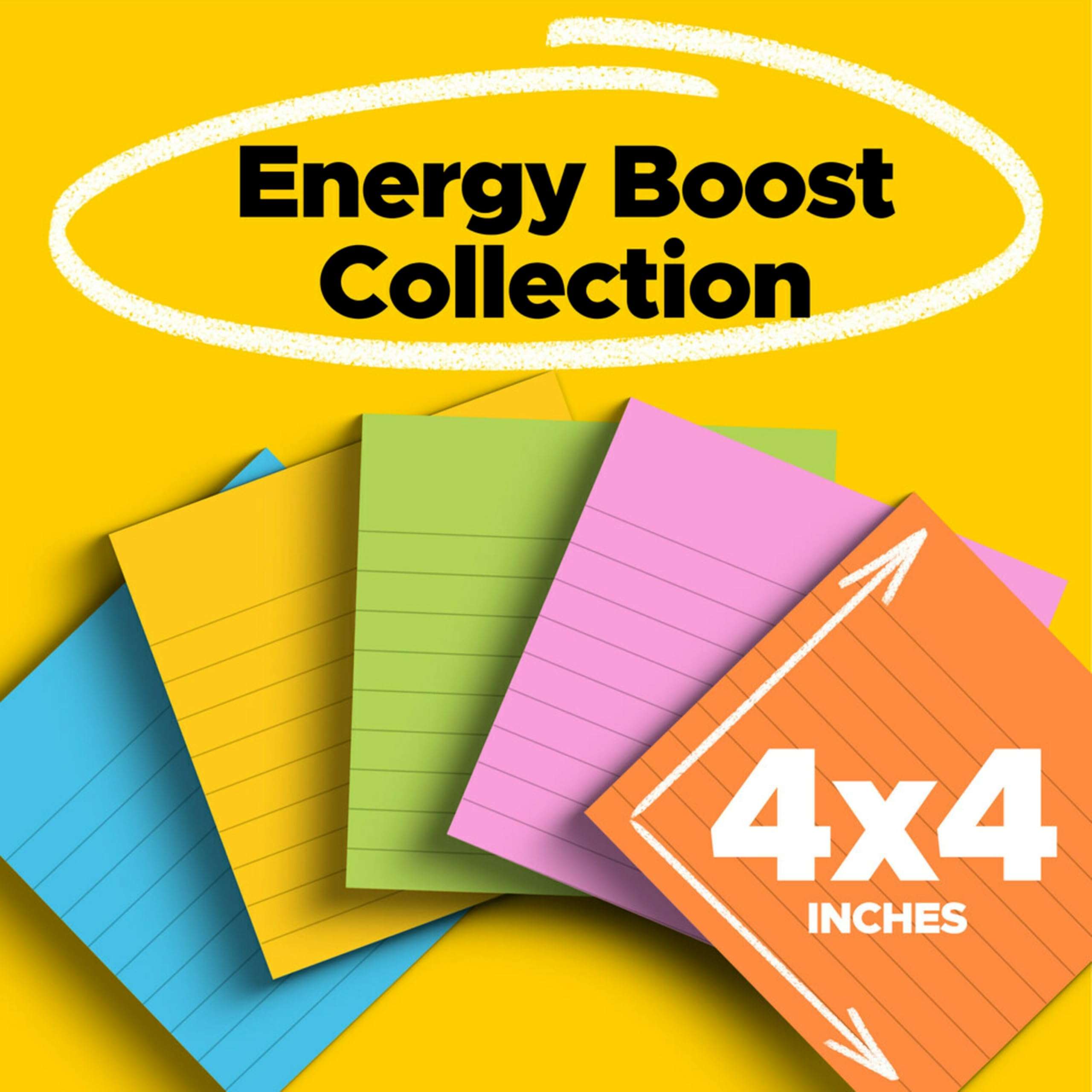 Post-it Super Sticky Lined Notes, 6 Sticky Note Pads, 4 x 4 in., School Supplies, Office Products, Sticky Notes for Vertical Surfaces, Monitors, Walls and Windows, Energy Boost Collection 2