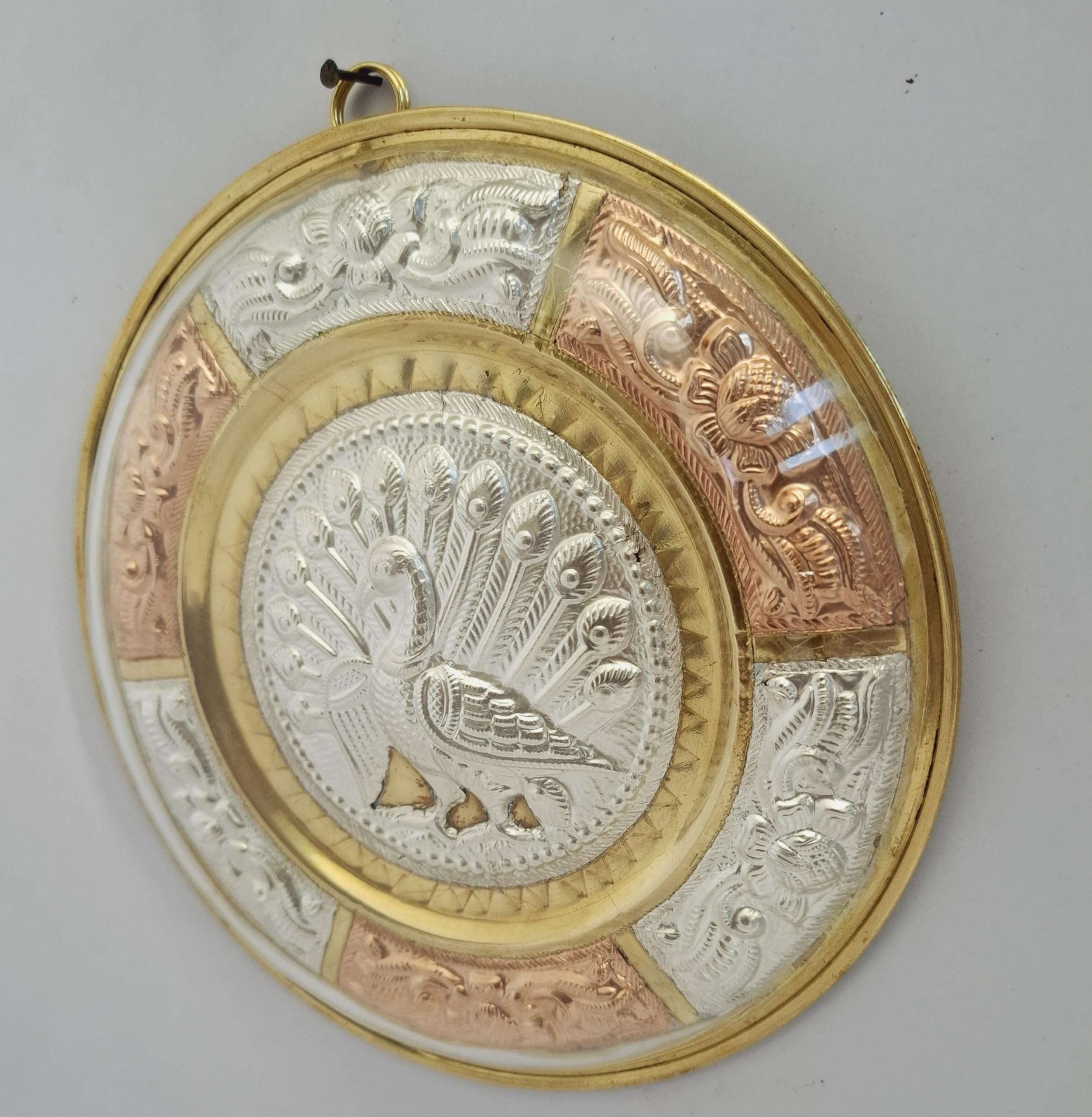 JLine Arts Peacock 7 Inches Thanjavur Art Plate, Pure Silver, Metal Art with Wall Hanging and Unbreakable Fibre Glass on The Front 5