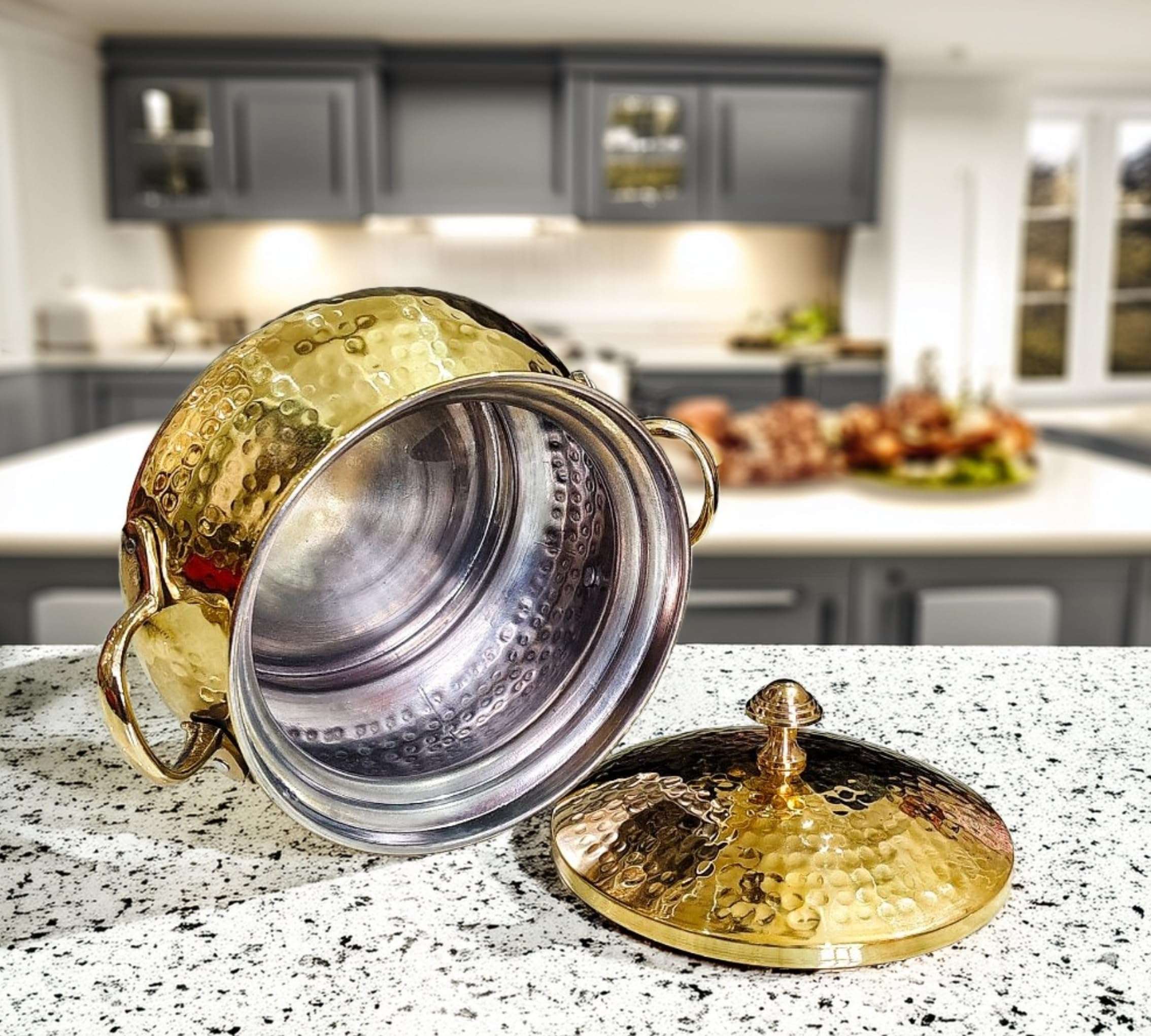 PITAL NAGRI ECRAFT Pure Brass Handi Serving with Lid 1.5 Litre Hammered Handi Pot with Serving -Resistant Handle Polished Non-Stick (Brass Pot 1.5 Litre) 6