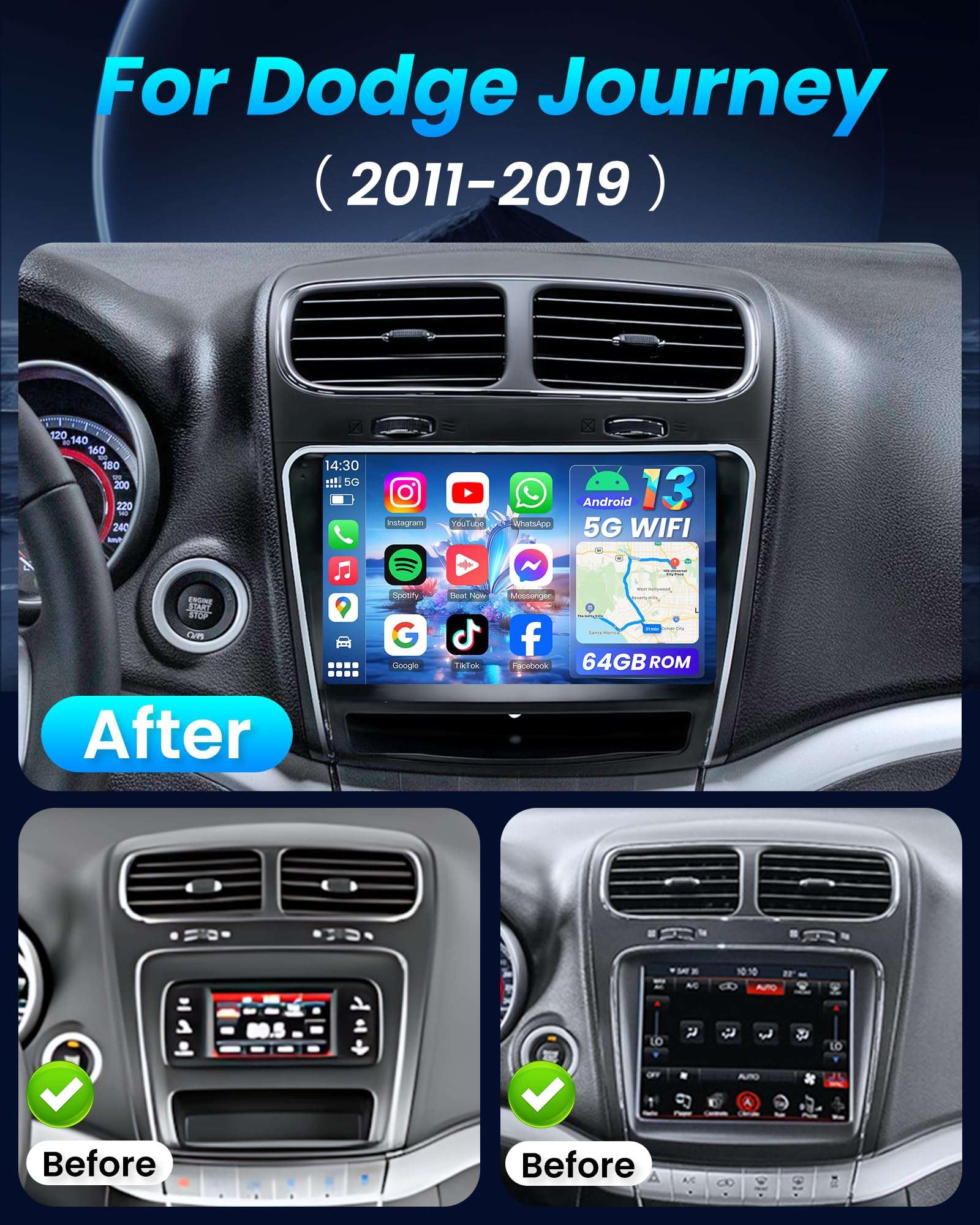 Car Radio for Dodge Journey 2011-2019: [4Core 64G ROM] 9" 1280 * 800 HD Touchscreen Stereo with Wireless Carplay Android Auto 5G WiFi GPS Navigation Bluetooth FM RDS DSP EQ SWC 1080P Backup Camera 3