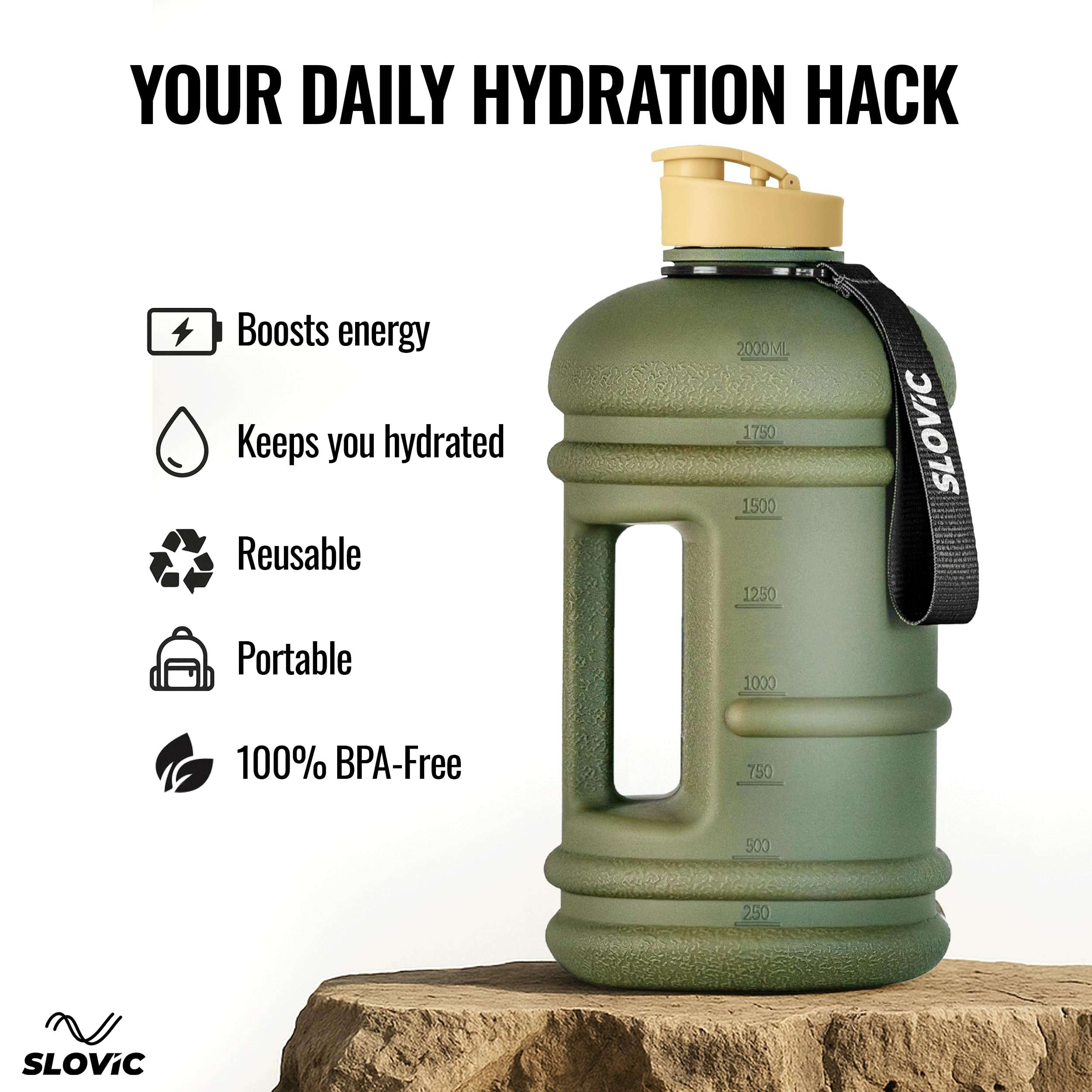SLOVIC Gallon Water Bottle 2 + Litre | Gym Motivational Sipper Water Bottle for Adults | 100% BPA Free & Leakproof | 2 Litre Sipper for Men & Women with Ergonomic Handle | Dark Green | 2200 ML 4