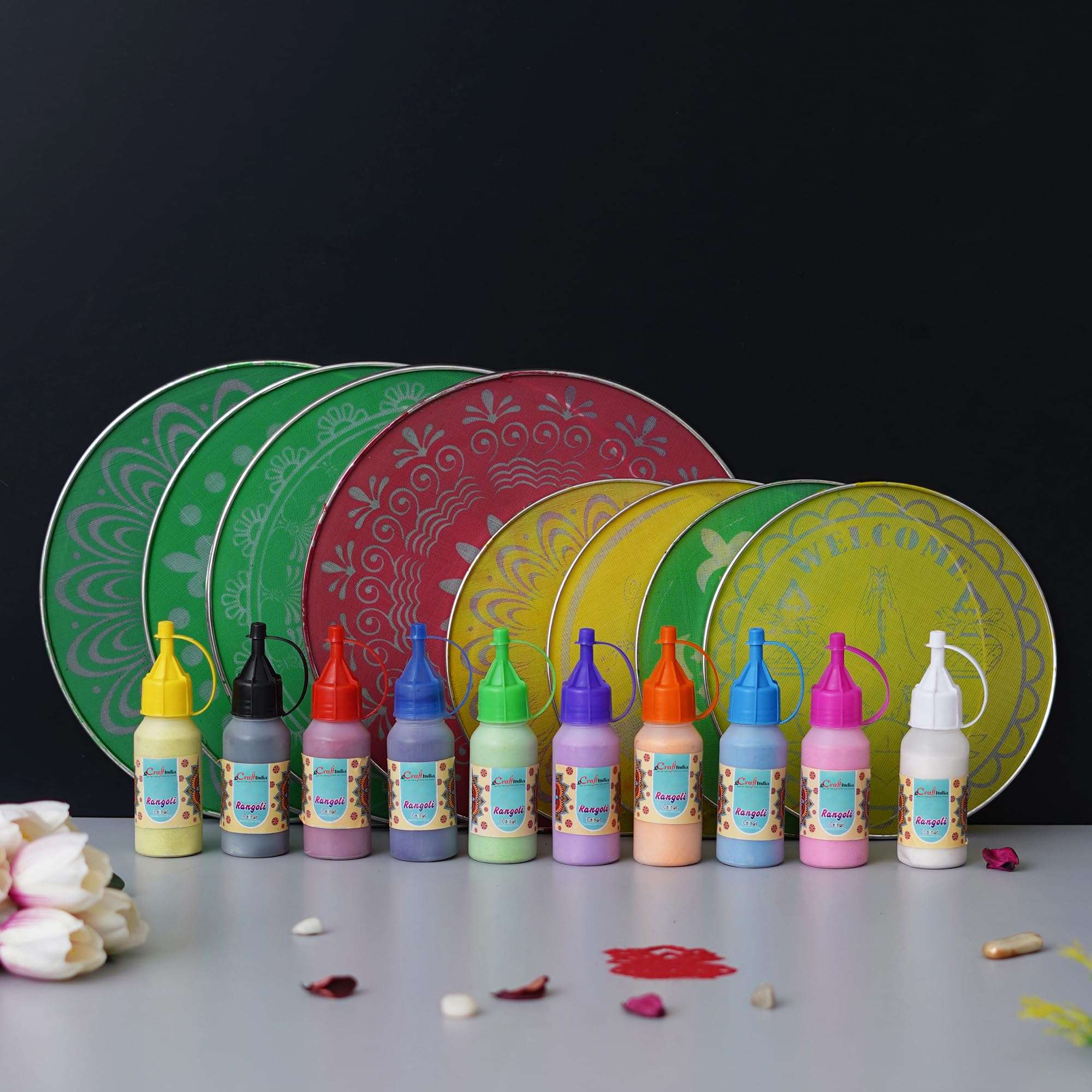 eCraftIndia Set of 8 Designer Diwali Rangoli Stencils Set- Stencils For Rangoli Design-4 Big Size 4 Small Size Stencils|10 Rangoli Colours Bottles-Rangoli Bottles Diwali Decoration Item for Home Decor 3
