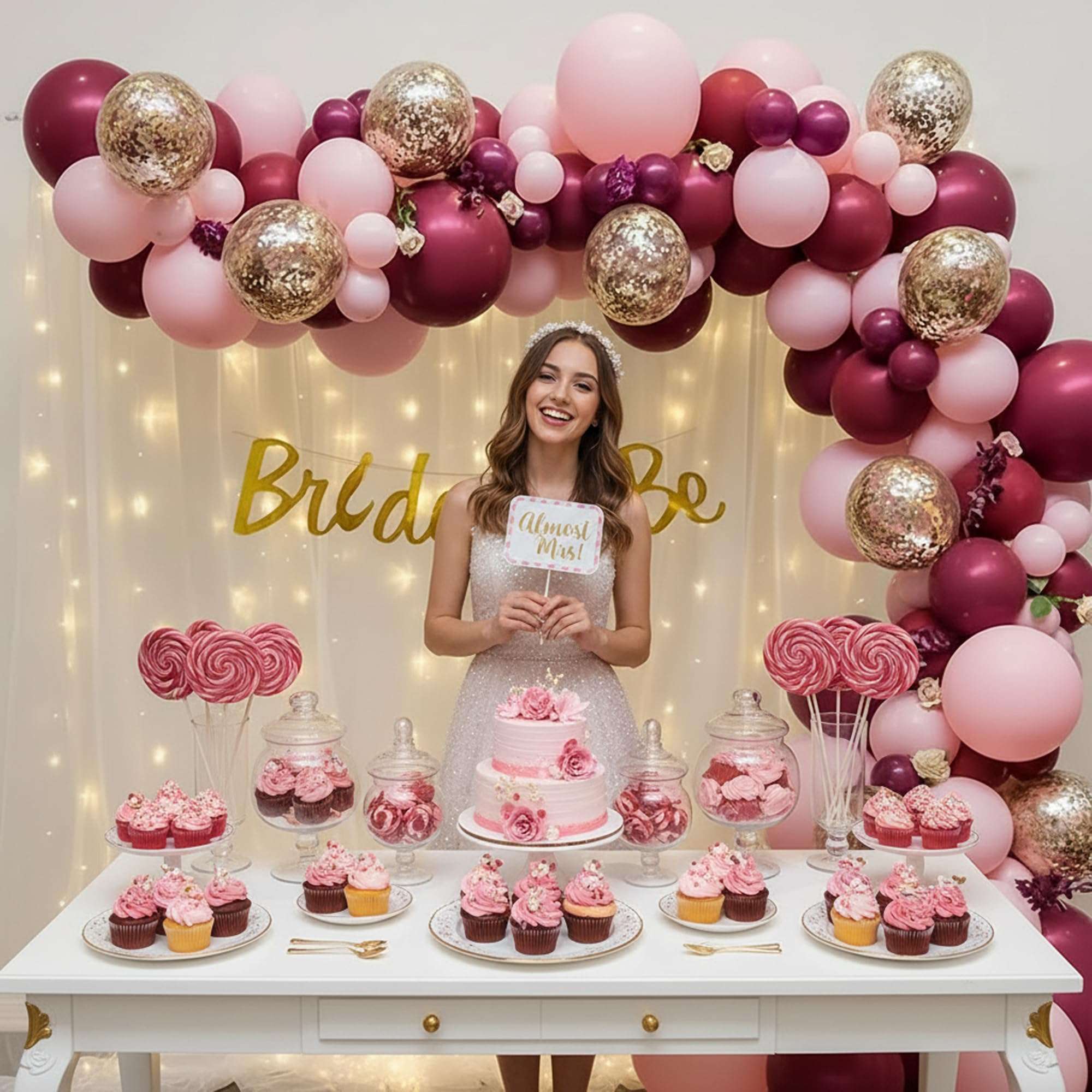 SpecialYou.in Rose Gold Theme Bride to Be DIY Decoration Kit Combo for Girls with Net Fabric Backdrop,Decorative Lights (40Ft Long) & Balloons,Bridal Shower Decorations Items,Photobooth Decorations 4