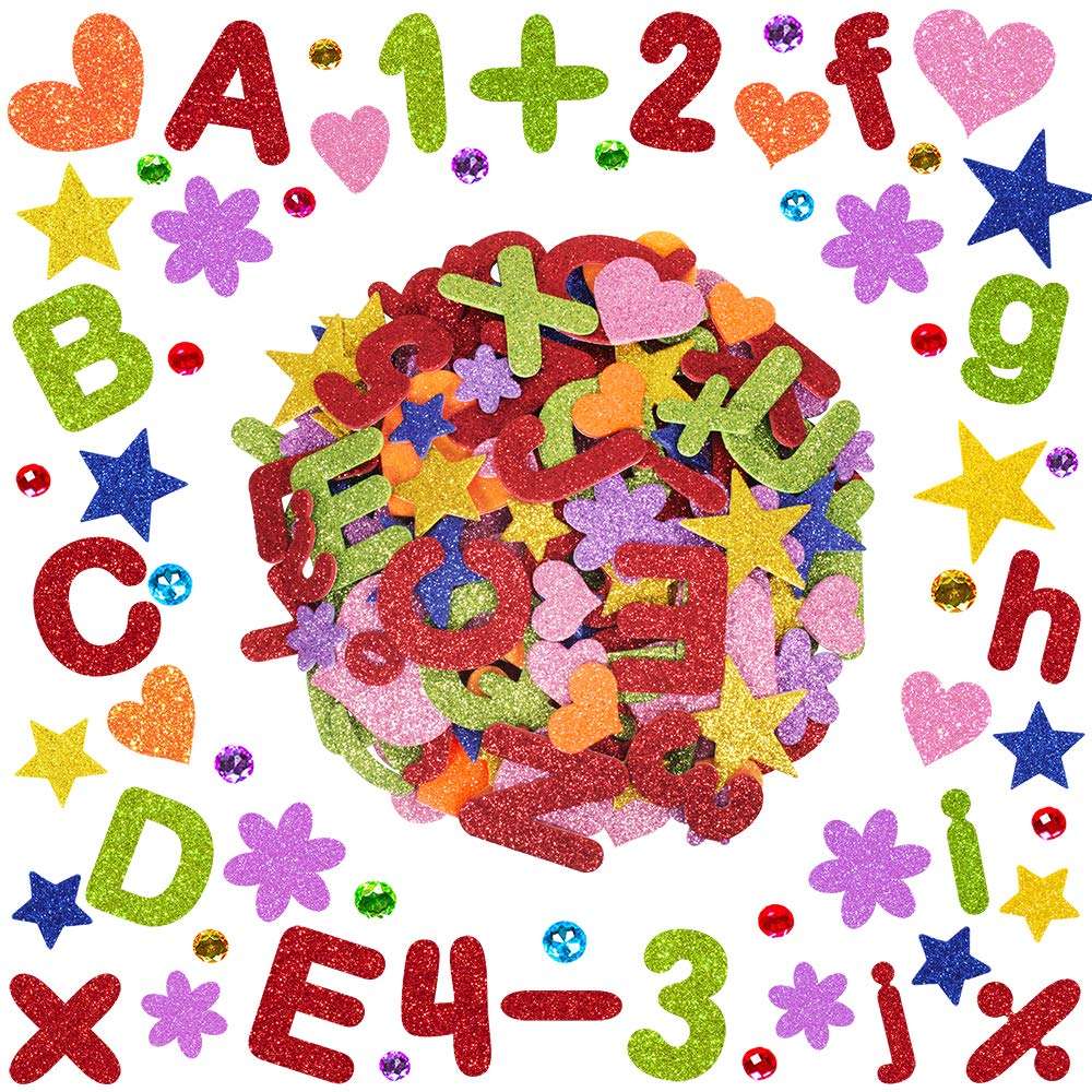 400 Pcs Assorted Foam Glitter Stickers Self Adhesive Foam Die Cut Alphabet Letters Numbers Punctuation Mark Star Heart Flower Foam Craft Shapes EVA 1" 1.5" 2" for Classroom Fun Home Activities Kids 1