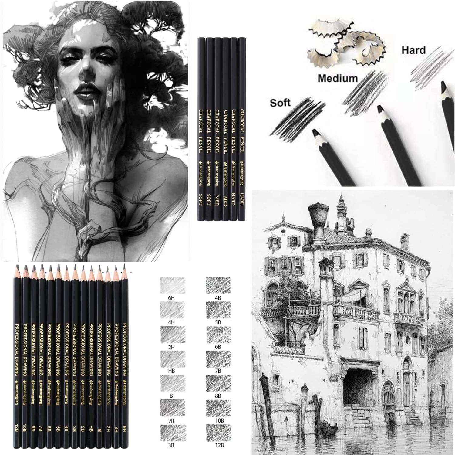 VANDU 29 Drawing Sketching Pencils Kit, Portable Artist Supples Travel Case Set has Graphite, Charcoal, white color pencil, Blending Stump, gift for Adults Beginners for Drawing Sketch 4