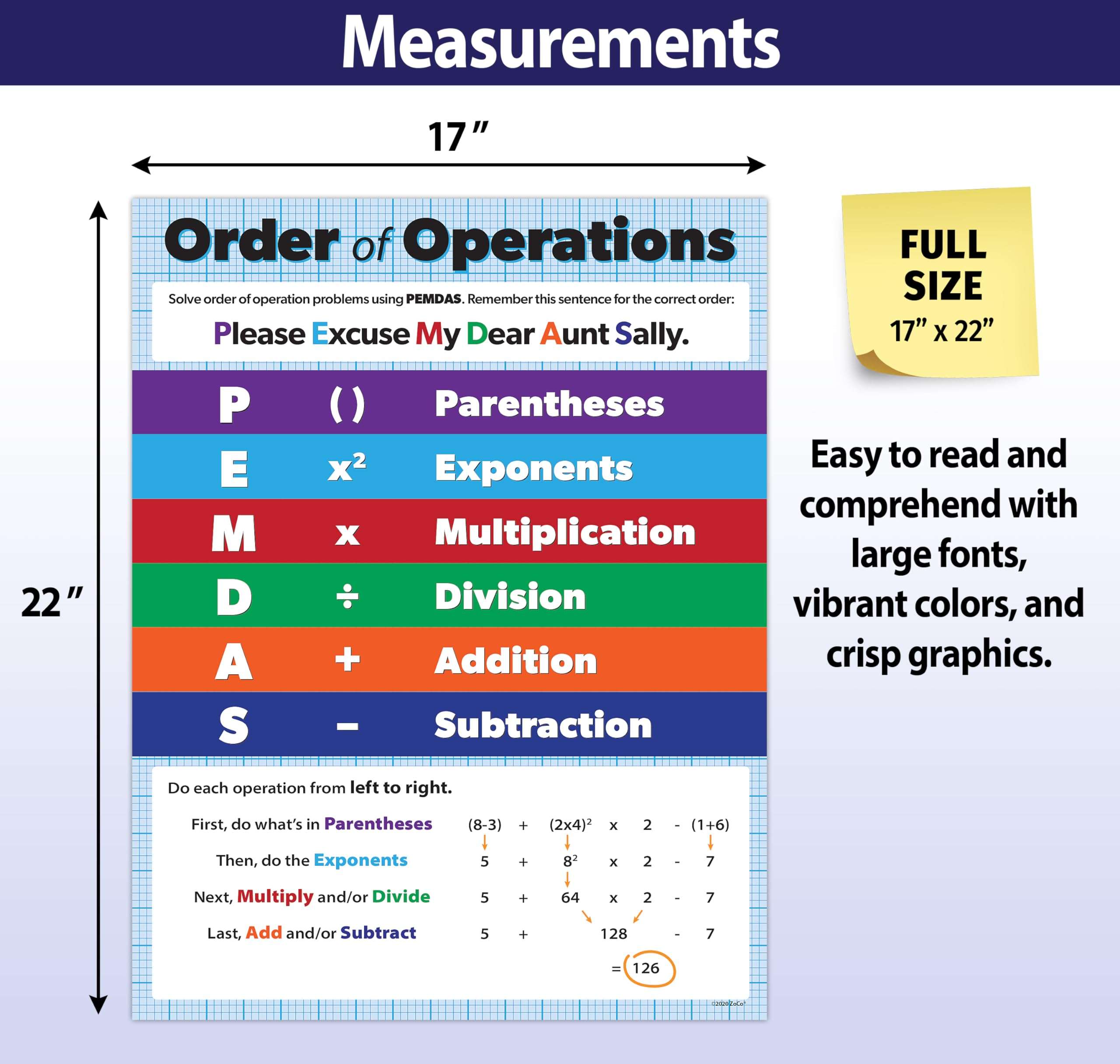 Safety Magnets ZOCO – Order of Operations, PEMDAS Poster – Algebra Math Classroom Decor for 5th 6th 7th Grade – Laminated 17x22 – Anchor Chart for Elementary Middle School Teachers Homeschool 3