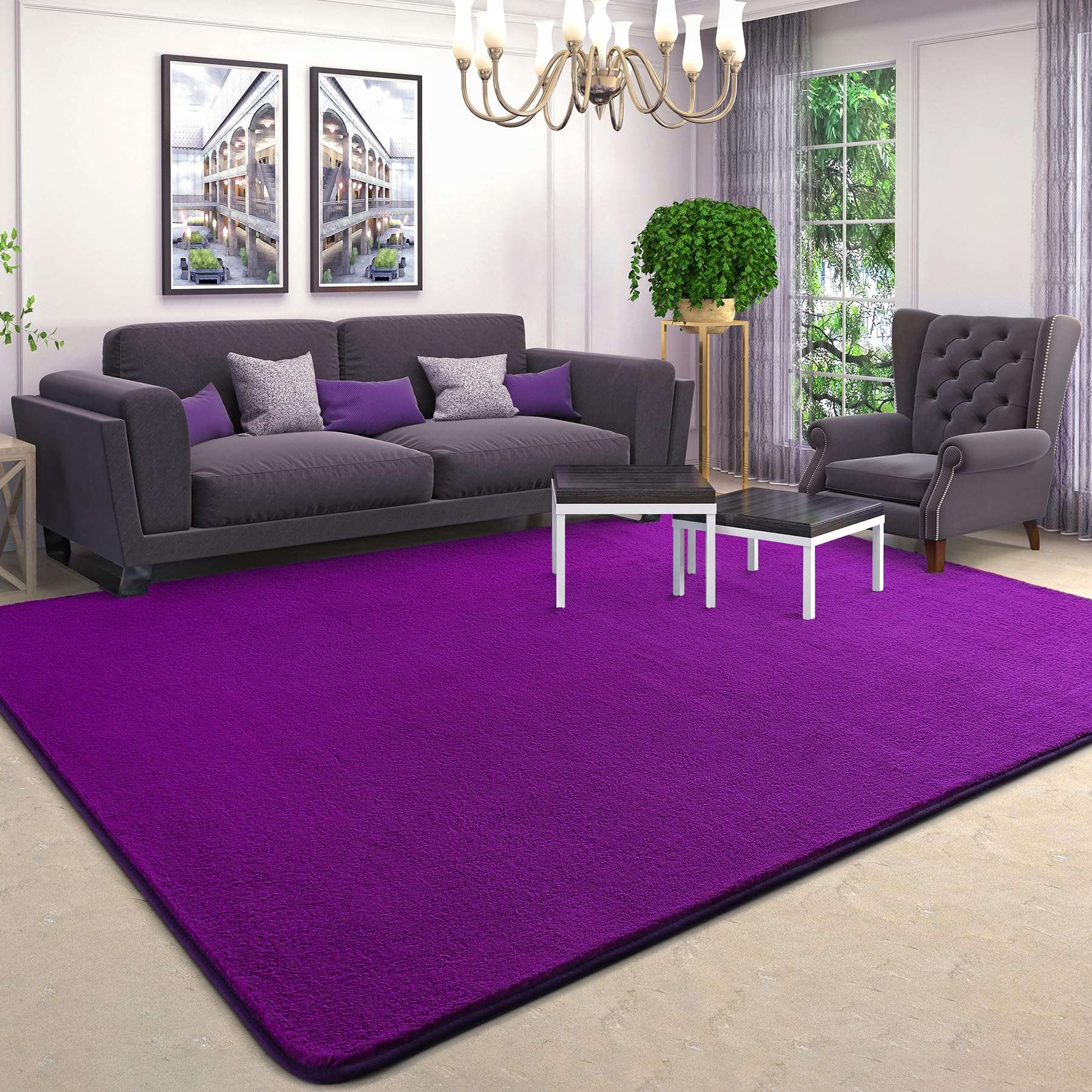 AROGAN Modern Shag Area Rug for Bedroom, 4x6 Feet Washable Rugs for Living Room, Indoor Floor Carpet Rugs, Plush Memory Foam Bedside Rugs for Kids Girls Teens Room Low Pile Rug Decor, Purple 2