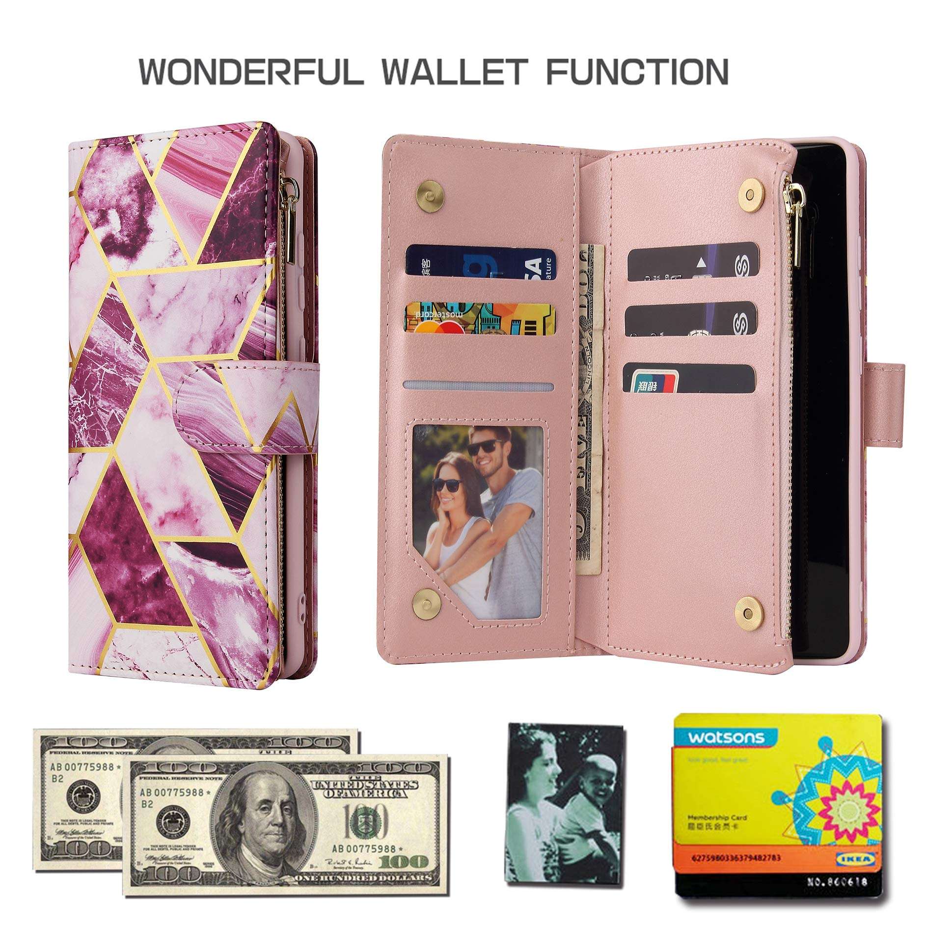 DEFBSC Zipper PU Marble Case for Samsung Galaxy S20 FE 5G,Wallet Case with Card Slots Wrist Strap, Magnetic Closure Kickstand Function Full-Body Protective Cover for S20 Fan Edition 5G 6.5"-Purple 3