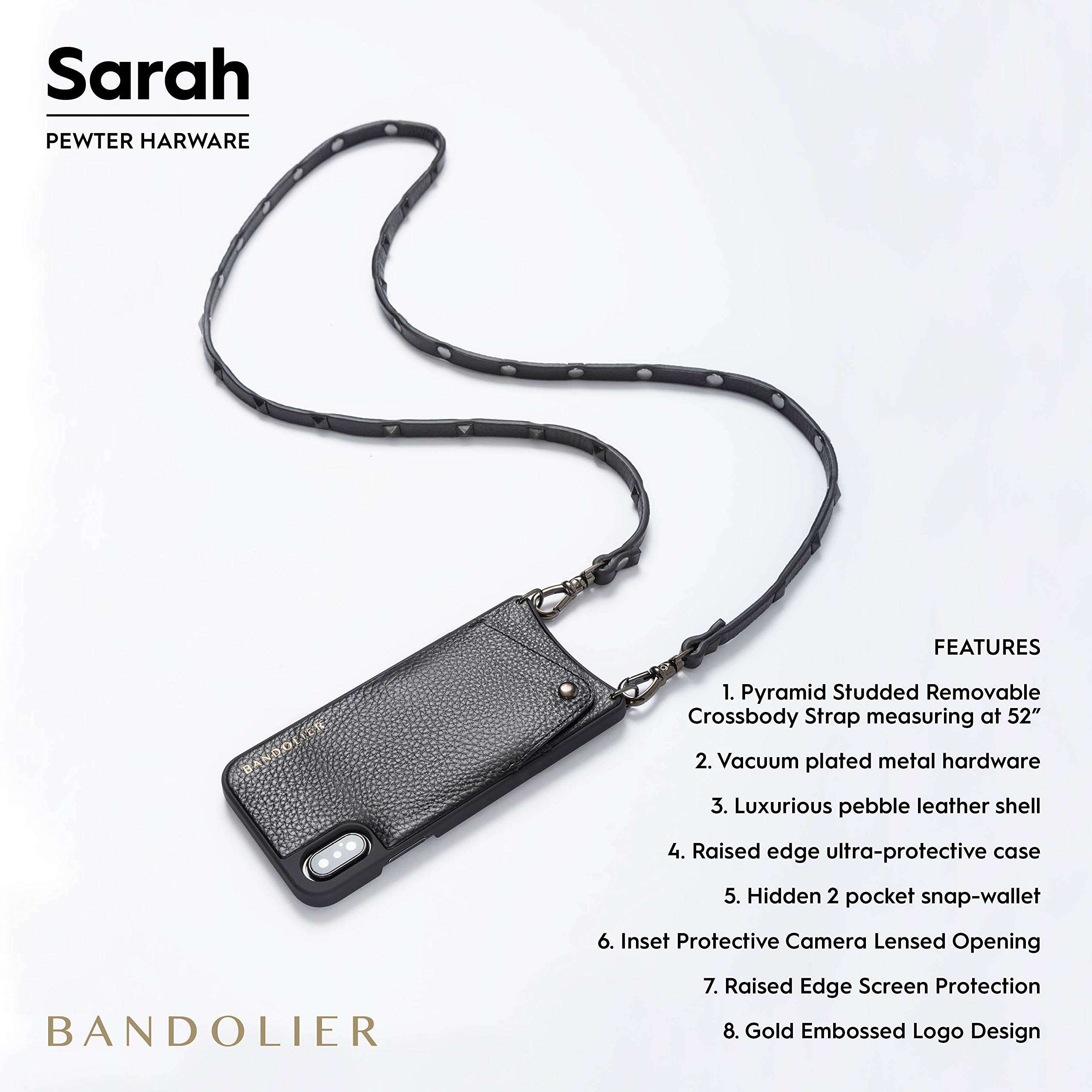 Bandolier Sarah Crossbody Phone Case and Wallet - Black Leather with Pewter Detail - for iPhone Plus 3