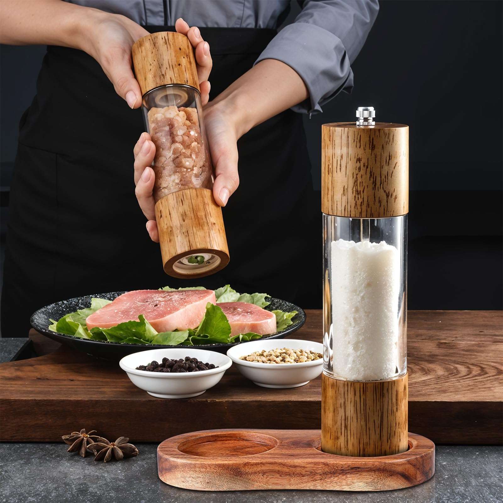 Molain Salt and Pepper Mill Tray, Acacia Wood Tray, Pepper Mill Holder & Rest, Inner Dia 2.28 Inch Fit Many Mills & Shakers, Salt & Pepper Grinder Accessories, Kitchen Storage Holder 5