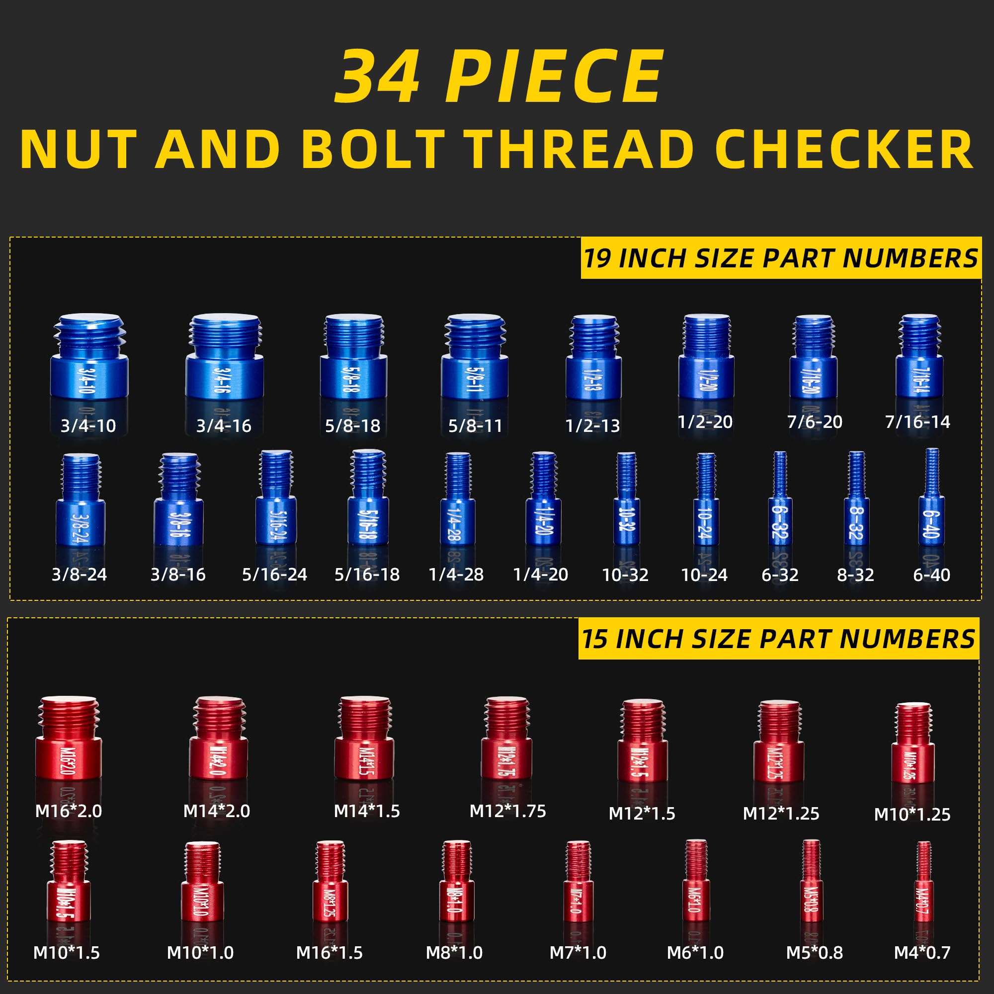 hylissus 34pcs Nut and Bolt Thread Checker Standard and Metric Set Thread Identifier Screw Size Gauge 19 Inch & 15 Metric for Detecting Fixed Bolts or Threaded Holes in Enclosed Areas 3