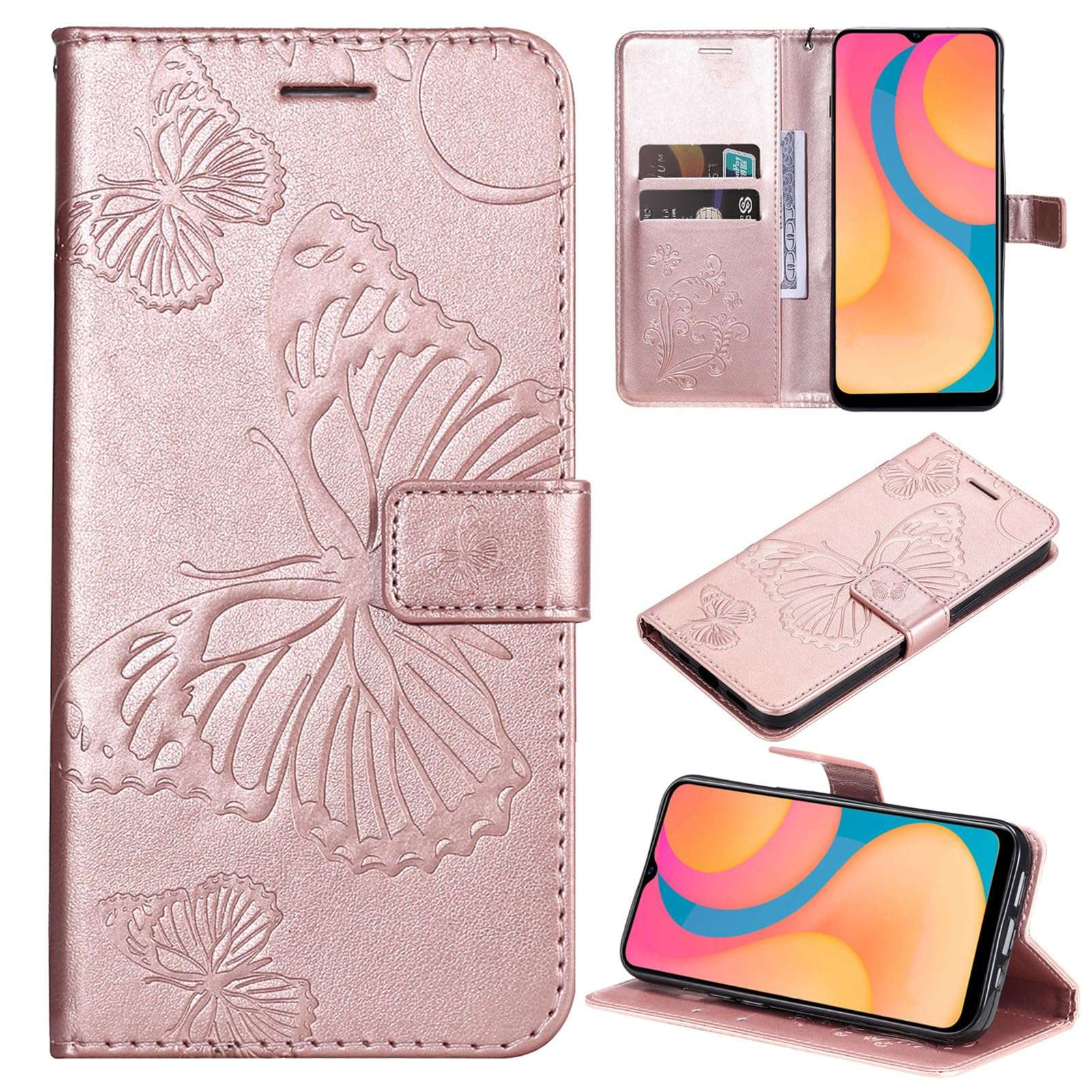 XYX Wallet Case Compatible with LG K40/LG K12 Plus/LG X4 2019, Embossed Butterfly PU Leather Case Flip Protective Phone Cover with Card Slots and Kickstand, Rose Gold 1