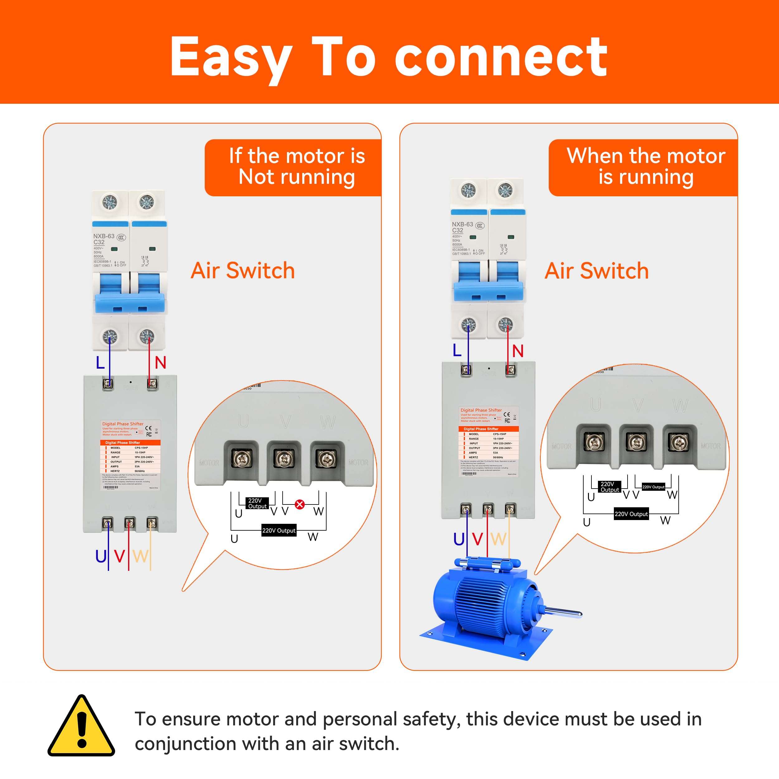 YMYP Single Phase to 3 Phase Converter - 7.5HP 23A 220V, Digital Phase Shifter for Residential and Light Commercial Use, 220V-240V Input/Output (One Converter for One Motor Only) 3