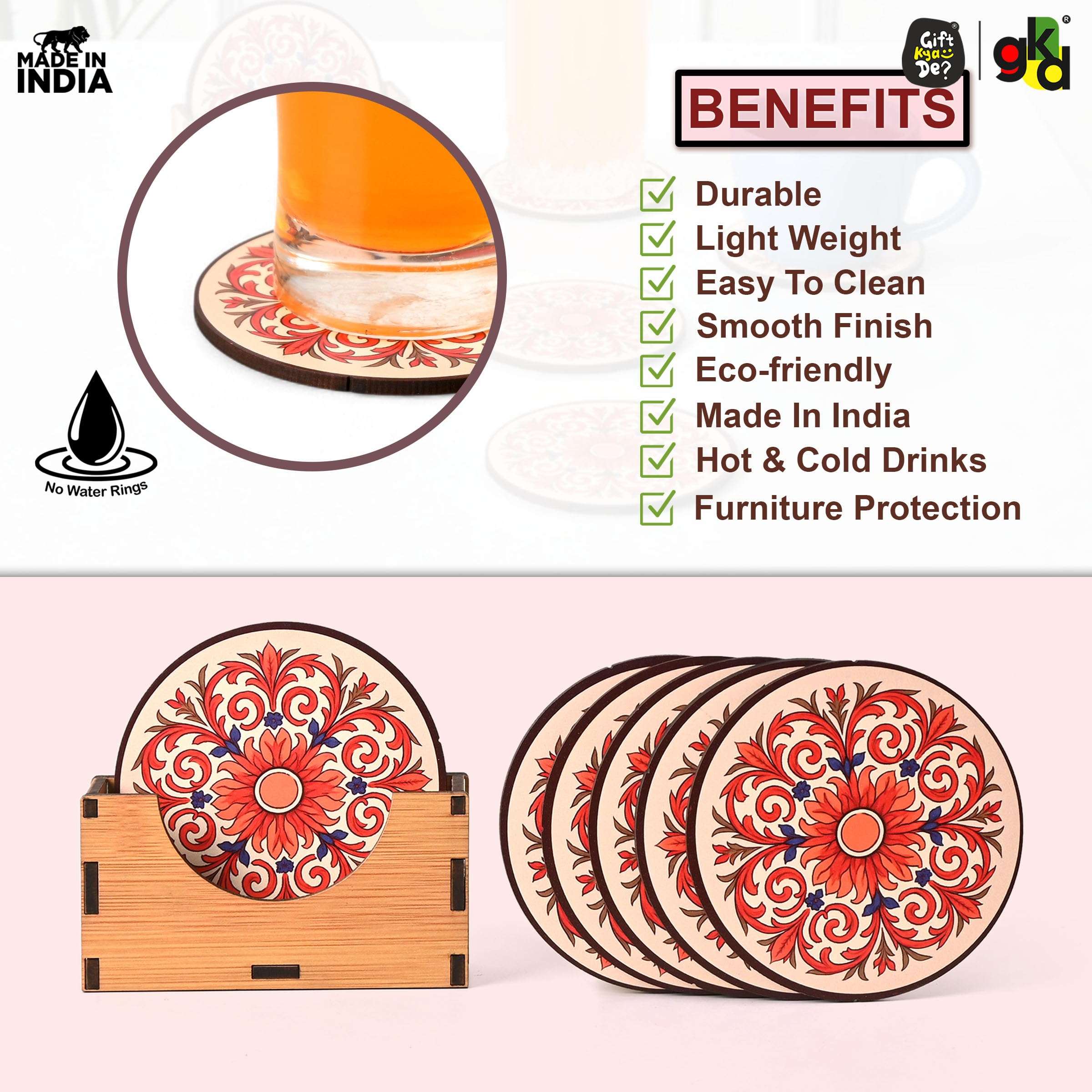 GKD Flower Coasters Wooden Tea & Coffee Coasters Set of 6 with Stand | Round Coasters 3.5 Inch | Heat & Water Resistant Table Coasters for Cups, Mugs & Glasses | Made in India 5