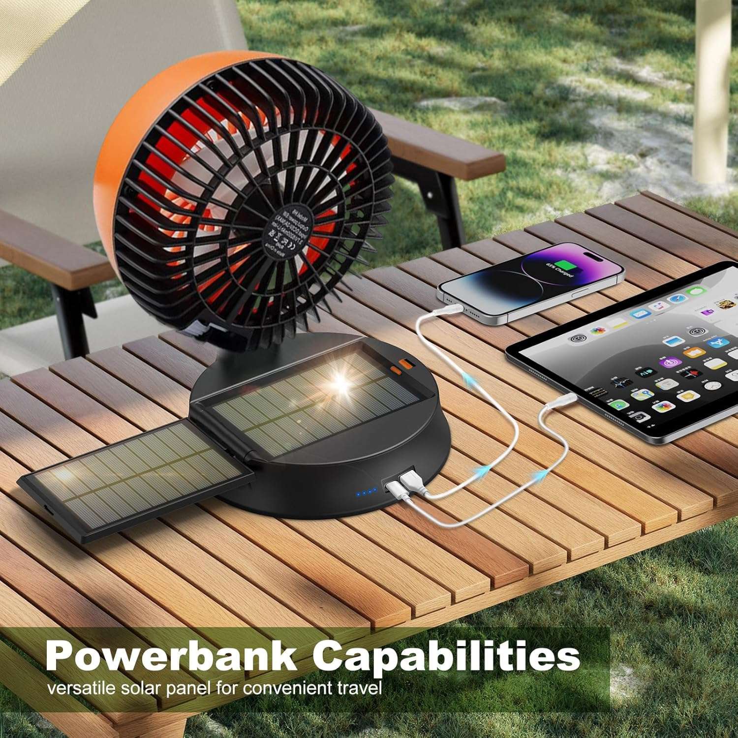 Solar Powered Fan with Lights, Portable Solar Camping Fan Rechargeable Battery Powered, 4 Speeds Quiet Detachable Panel Camping Essentials for Office Outside Tent Travel BBQ Fishing Hurricane Outages 6