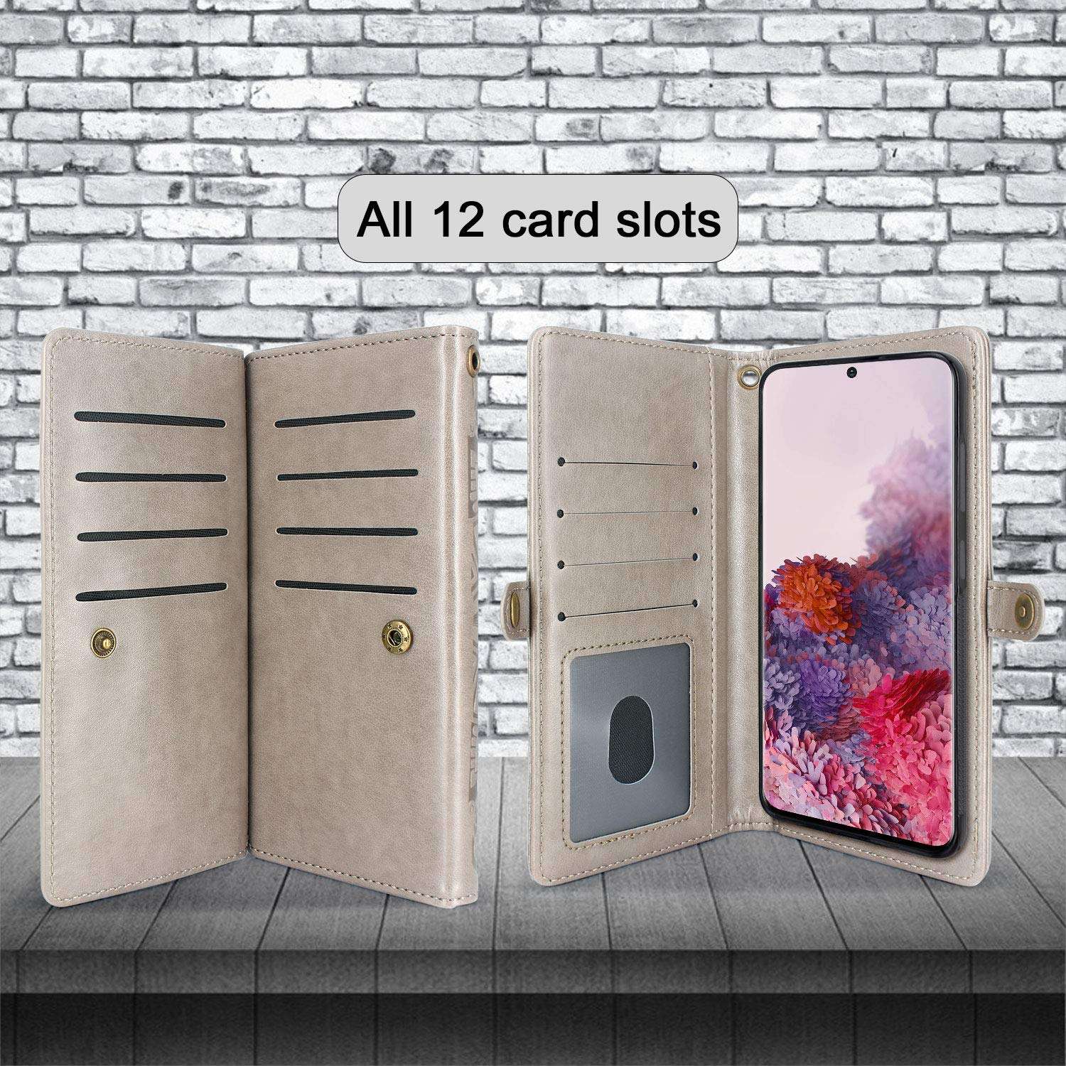 Harryshell Detachable Magnetic 12 Card Slots Wallet Case Shockproof PU Leather Flip Protective Cover Wrist Strap for Samsung Galaxy S20 6.2 inch (Flower Grey) 4