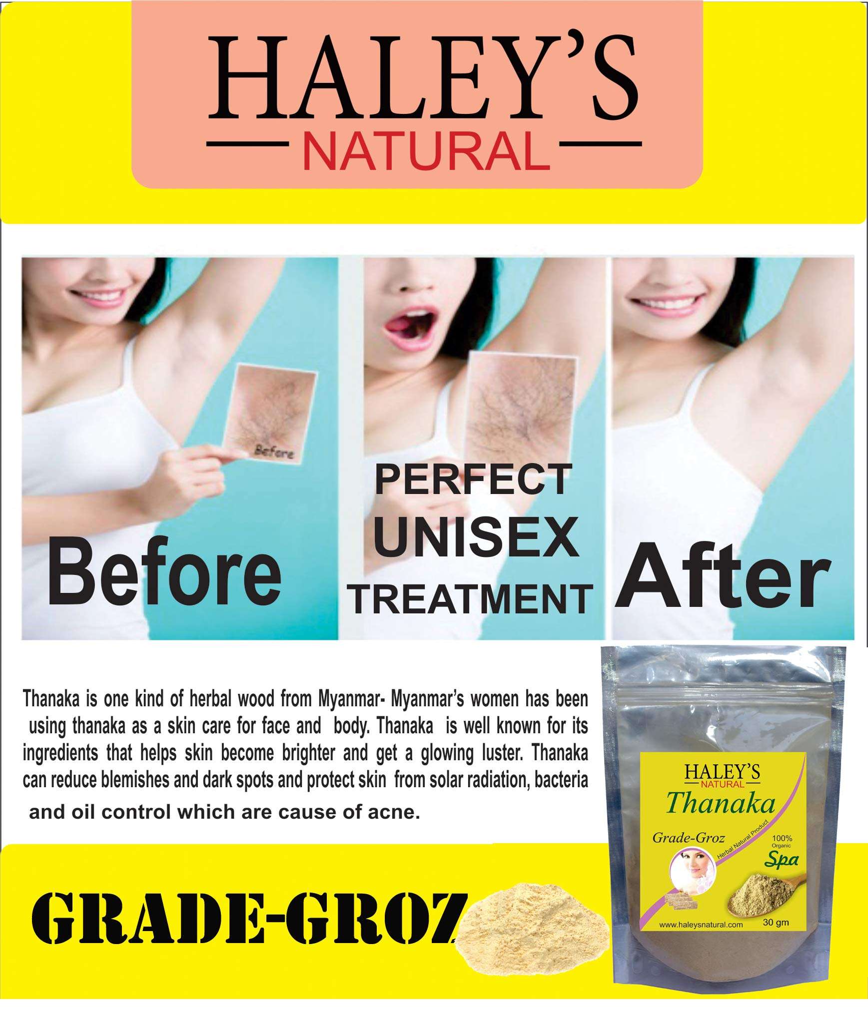 Haley's natural Thanaka Powder For Permanent Hair Removal Anti Acne Aging Whitening, Scrub, Sunscreen, Face Mask 30g 5