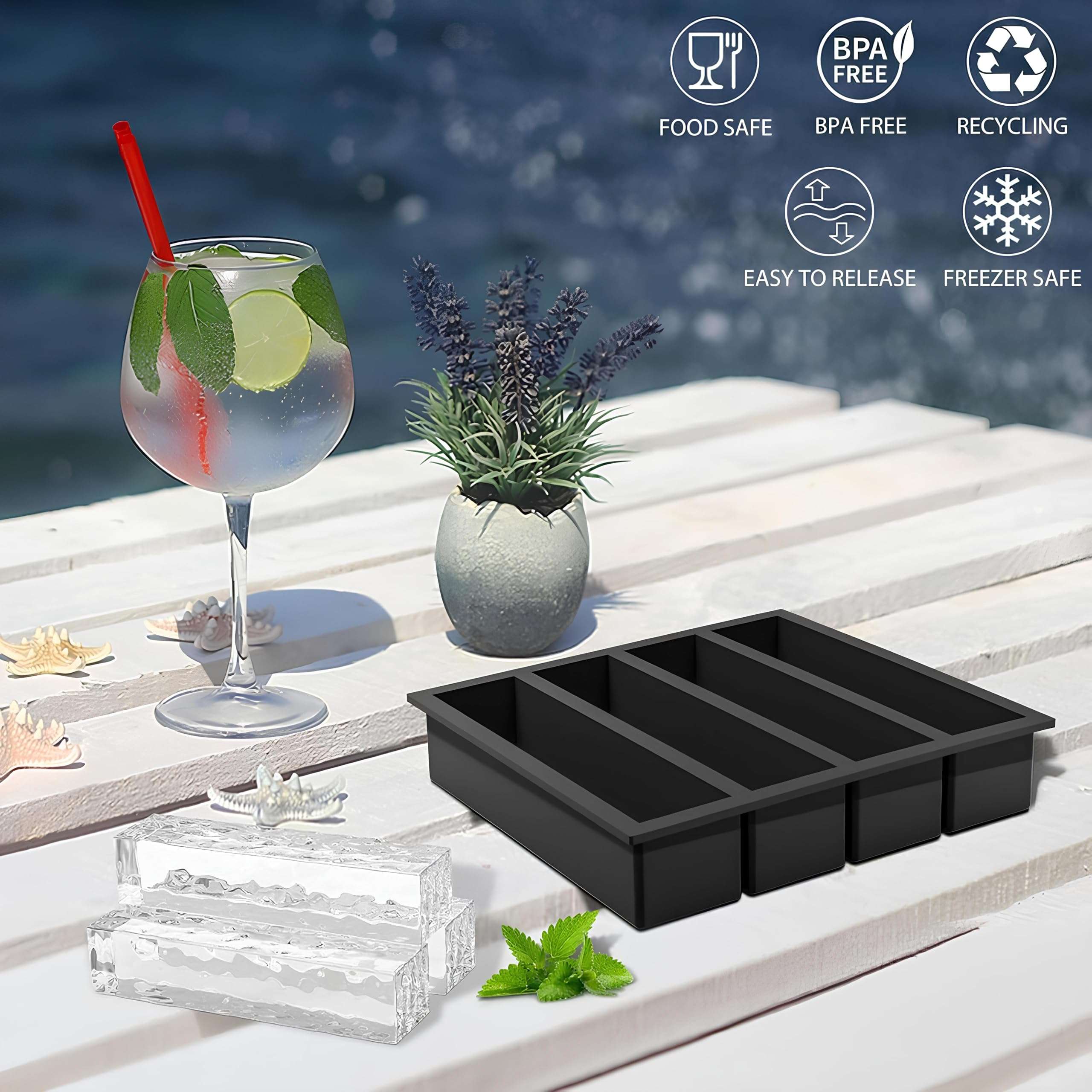 Kepzell BPA Free 4 Big Ice bar Tray Mold Giant Jumbo Large Food Grade Silicone Ice Cube Rectangle Tray Mold DIY Ice Maker Ice Cube Tray (2) 5