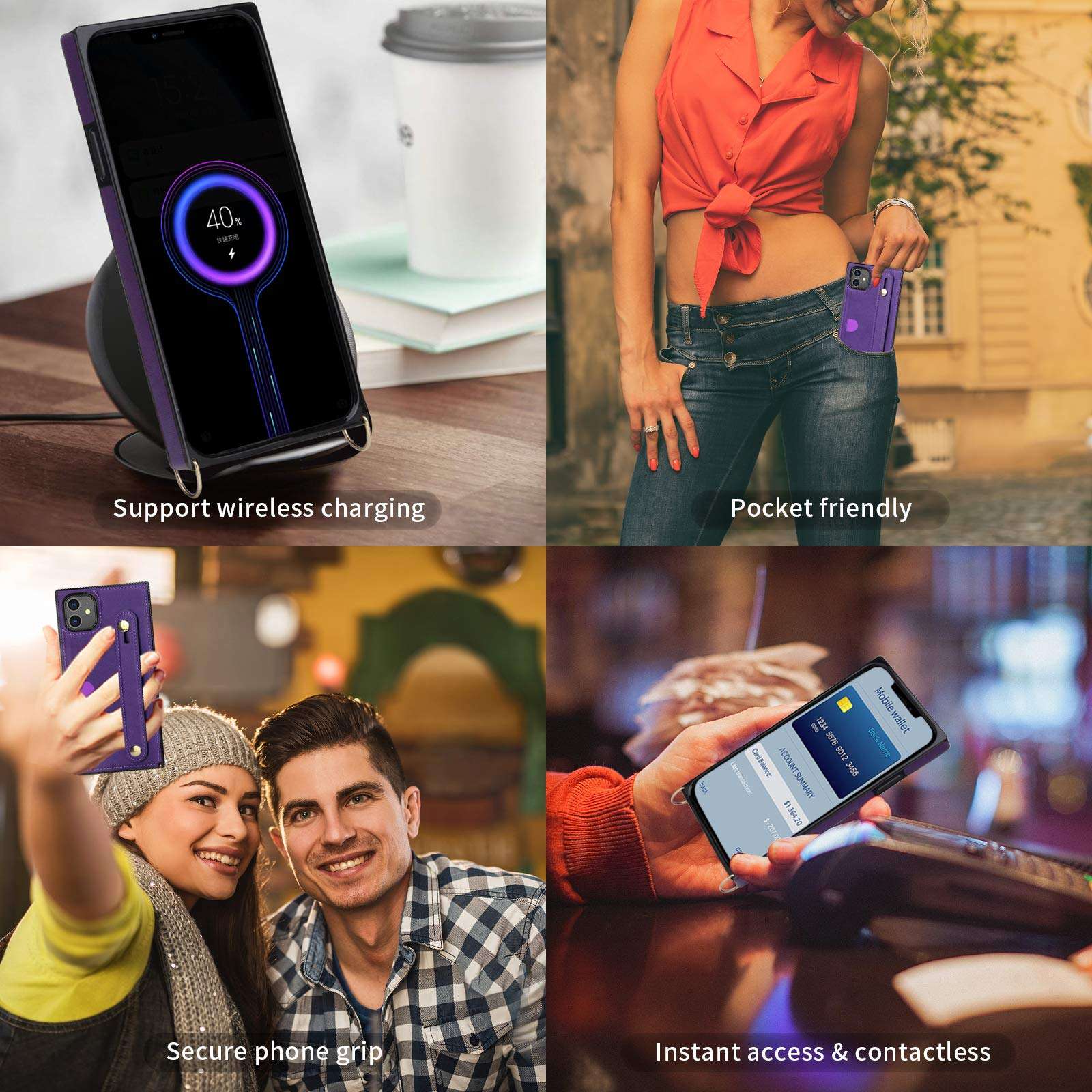 CASEOWL Wallet Crossbody Case for Women with Hand Strap, Card Holder, Kickstand, Adjustable Removable Shoulder Strap, Leather Protective Case Compatible, Purple 3