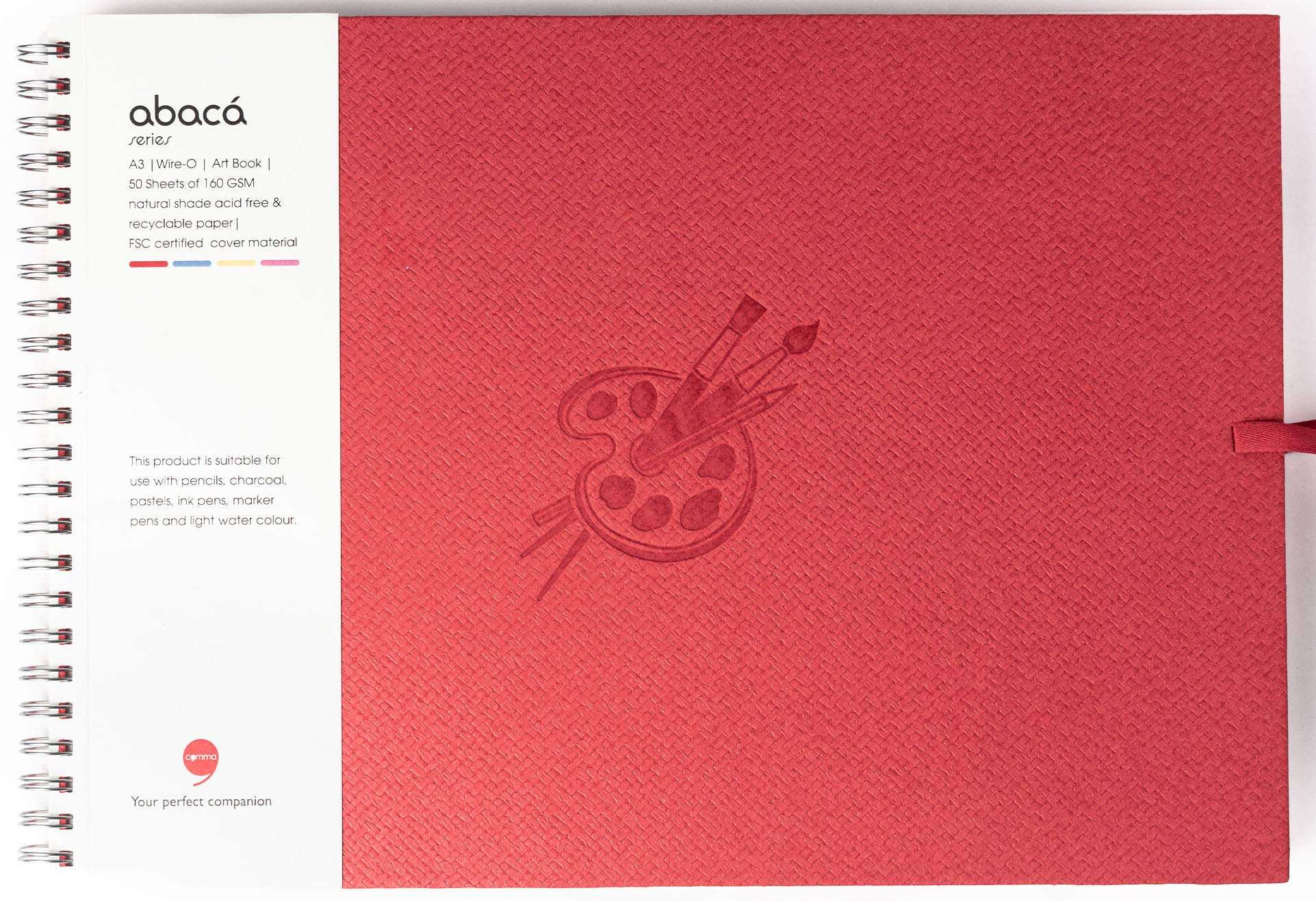 Comma Abaca – Wire-O Bound Sketchbook with Ribbon Closure – A3 Size (Large) – 50 Sheets – 160gsm Anti-Ageing, Acid Free, Archival Fine Grain Paper – Micro-Perforations for Easy Tear Off – (Red)
